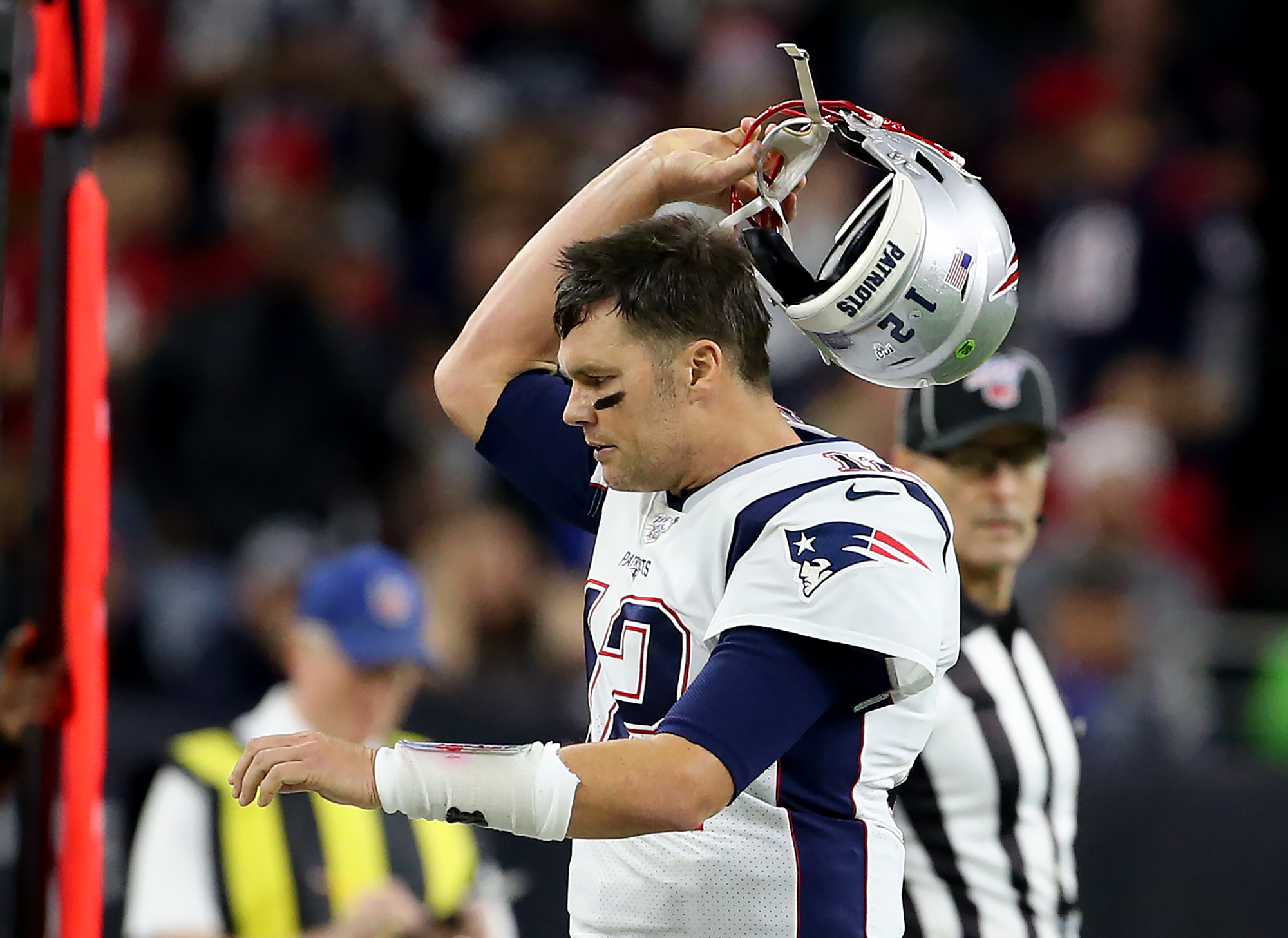 HOUSTON TX. - DECEMBER 1:  An angry New England Patriots quarterback Tom Brady walks off the field after thy didn't convert on a 3rd down during the 2nd quarter of the game against the Houston Texans at NRG Stadium on December 1, 2019 in Houston, TX.  (Staff Photo By Nancy Lane/MediaNews Group/Boston Herald)