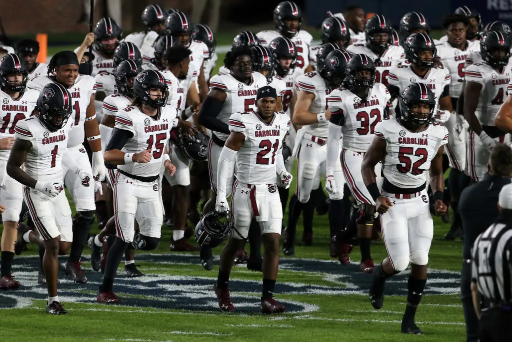 OXFORD, MS - NOVEMBER 14:  The South Carolina Gamecocks leave the field after pre-game warmups before the game between the Ole Miss Rebels and the South Carolina Gamecocks on November 14, 2020, at Vaught-Hemingway Stadium in Oxford, MS.  (Photo by Michael Wade/Icon Sportswire via Getty Images)
