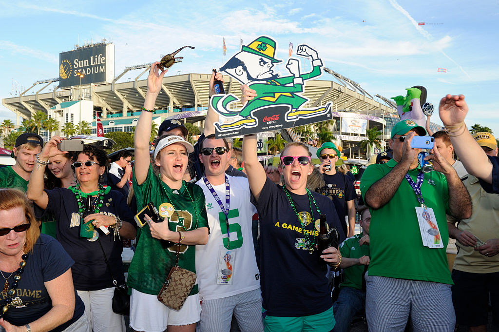 January 7 2013: Notre Dame fans tailgate prior to the Alabama Crimson Tide versus Notre Dame Fighting Irish in the Discover BCS National Championship Game at Sun Life Stadium in Miami Gardens, Florida. (Photo by Doug Murray/Icon SMI/Corbis/Icon Sportswire via Getty Images)