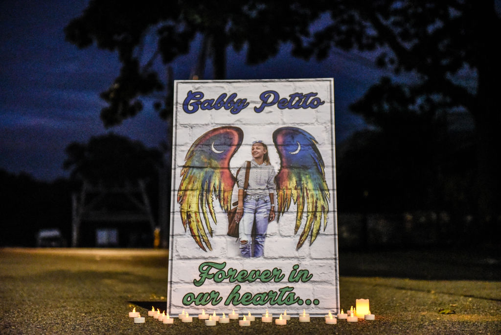 BLUE POINT, NY - SEPTEMBER 24: A sign honors the death of Gabby Petito on September 24, 2021 in Blue Point, New York. Gabby Petito's hometown of Blue Point put out candles along main streets and in driveways to honor the teenager who has riveted the nation since the details of her death became known.  (Photo by Stephanie Keith/Getty Images)