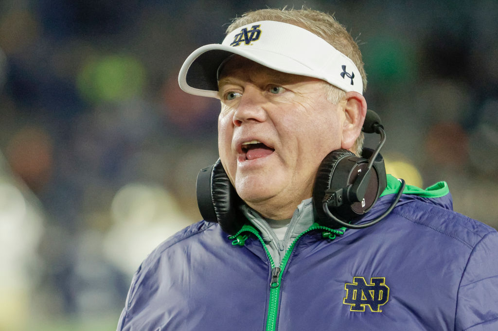 SOUTH BEND, IN - NOVEMBER 20: Head coach Brian Kelly of the Notre Dame Fighting Irish is seen during the game against the Georgia Tech Yellow Jackets at Notre Dame Stadium on November 20, 2021 in South Bend, Indiana. (Photo by Michael Hickey/Getty Images)
