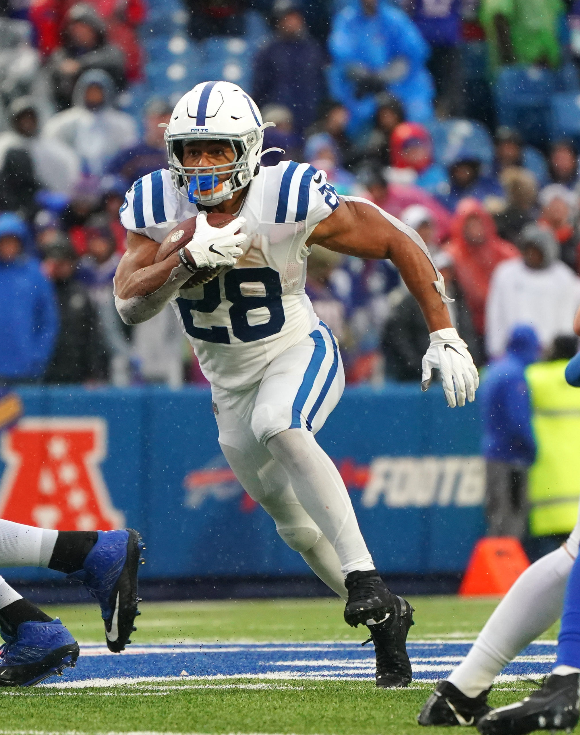 ORCHARD PARK, NEW YORK - NOVEMBER 21: Jonathan Taylor #28 of the Indianapolis Colts during the game against the Buffalo Bills at Highmark Stadium on November 21, 2021 in Orchard Park, New York. (Photo by Kevin Hoffman/Getty Images)
