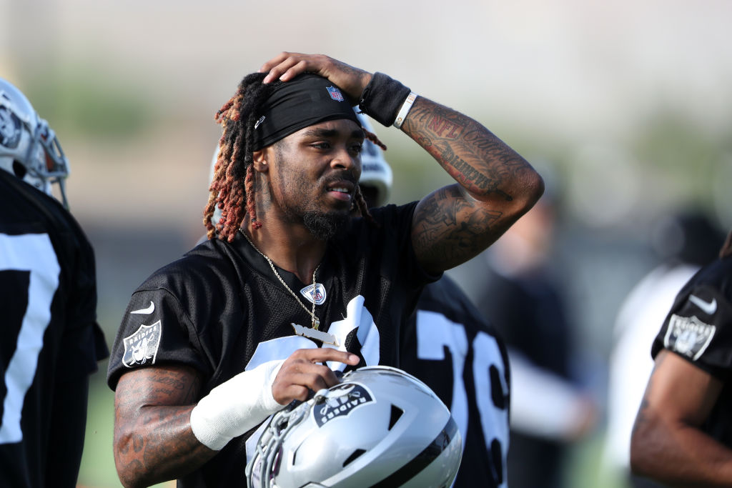 HENDERSON, NEVADA - JULY 28: Damon Arnette #20 of the Las Vegas Raiders is shown during training camp at the Las Vegas Raiders Headquarters/Intermountain Healthcare Performance Center on July 28, 2021 in Henderson, Nevada. (Photo by Steve Marcus/Getty Images)
