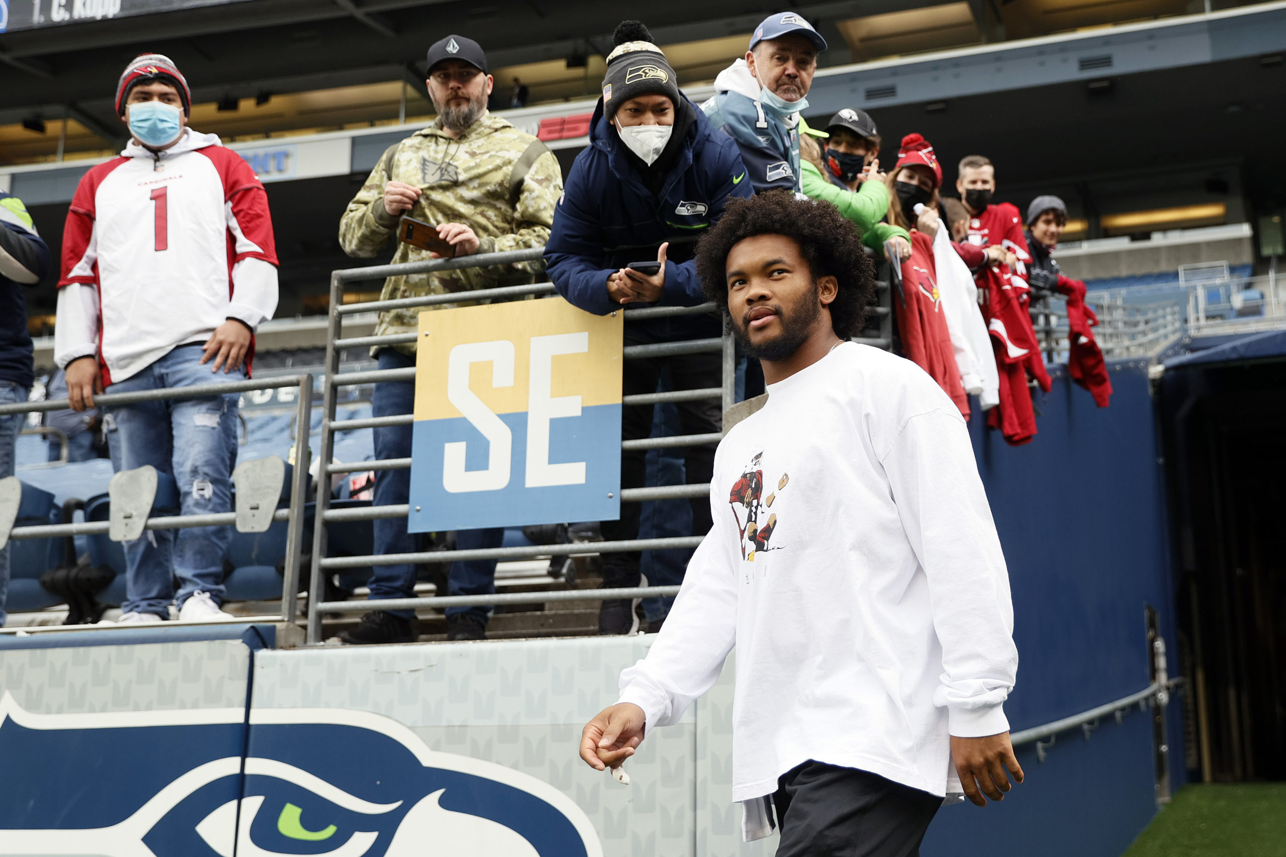 SEATTLE, WASHINGTON - NOVEMBER 21: Kyler Murray #1 of the Arizona Cardinals walks takes the field during pregame warm-ups before the game against the Seattle Seahawks at Lumen Field on November 21, 2021 in Seattle, Washington. (Photo by Steph Chambers/Getty Images)