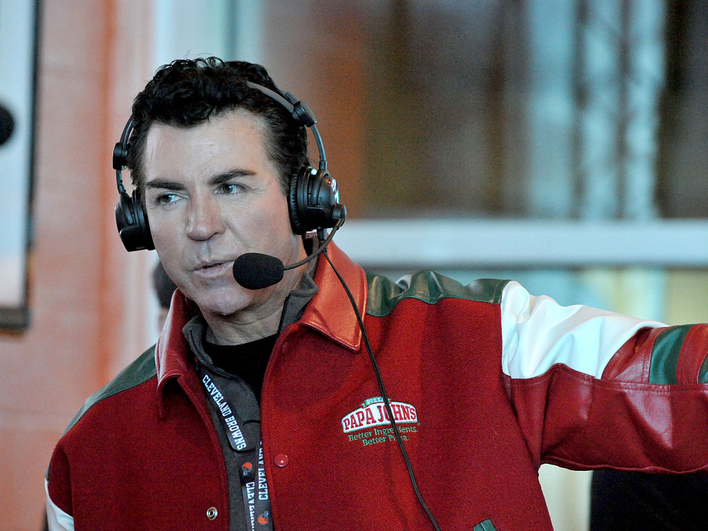 CLEVELAND, OH - OCTOBER 12, 2014: "Papa" John Schnatter, founder and CEO of "Papa John's Pizza" takes part in a radio show prior to a game between the Pittsburgh Steelers and Cleveland Browns on October 12, 2014 at FirstEnergy Stadium in Cleveland, Ohio. Cleveland won 31-10. (Photo by Nick Cammett/Diamond Images/Getty Images)