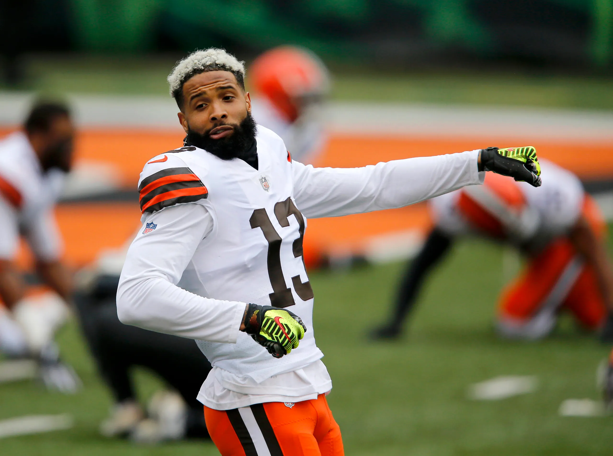 Oct 25, 2020; Cincinnati, Ohio, USA; Cleveland Browns wide receiver Odell Beckham Jr. (13) warms up before the game between the Cincinnati Bengals and the Cleveland Browns at Paul Brown Stadium. Mandatory Credit: Joseph Maiorana-USA TODAY Sports