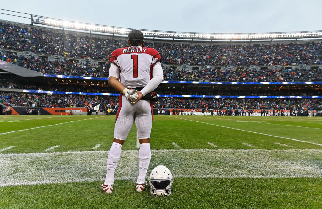 CHICAGO, ILLINOIS - DECEMBER 05:  Quarterback Kyler Murray #1 of the Arizona Cardinals warms up before a game against the Chicago Bears at Soldier Field on December 05, 2021 in Chicago, Illinois.  (Photo by Jamie Sabau/Getty Images)