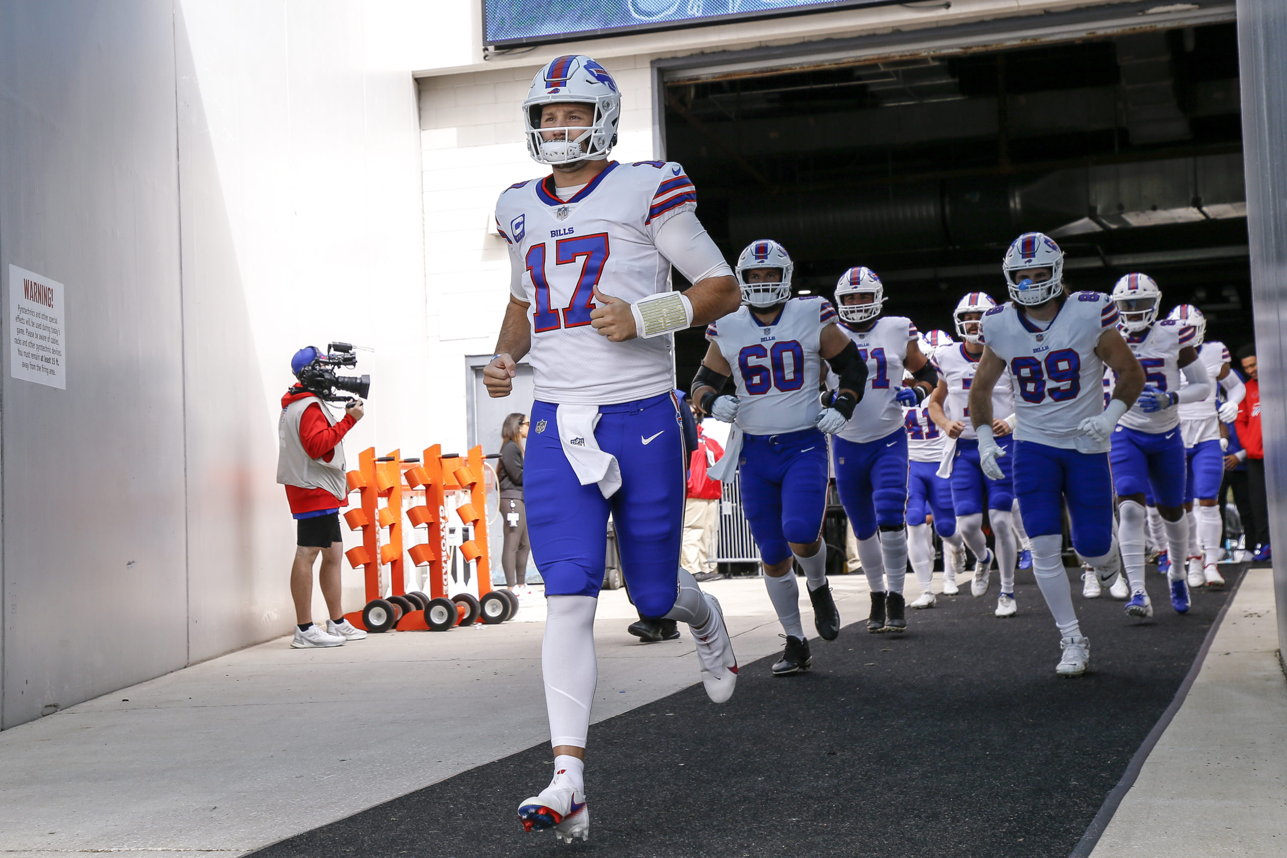 JACKSONVILLE, FL - NOVEMBER 7: Quarterback Josh Allen #17 of the Buffalo Bills leads his team to the field before the start of the game against the Jacksonville Jaguars at TIAA Bank Field on November 7, 2021 in Jacksonville, Florida. The Jaguars defeated the Bills 9 to 6. (Photo by Don Juan Moore/Getty Images)