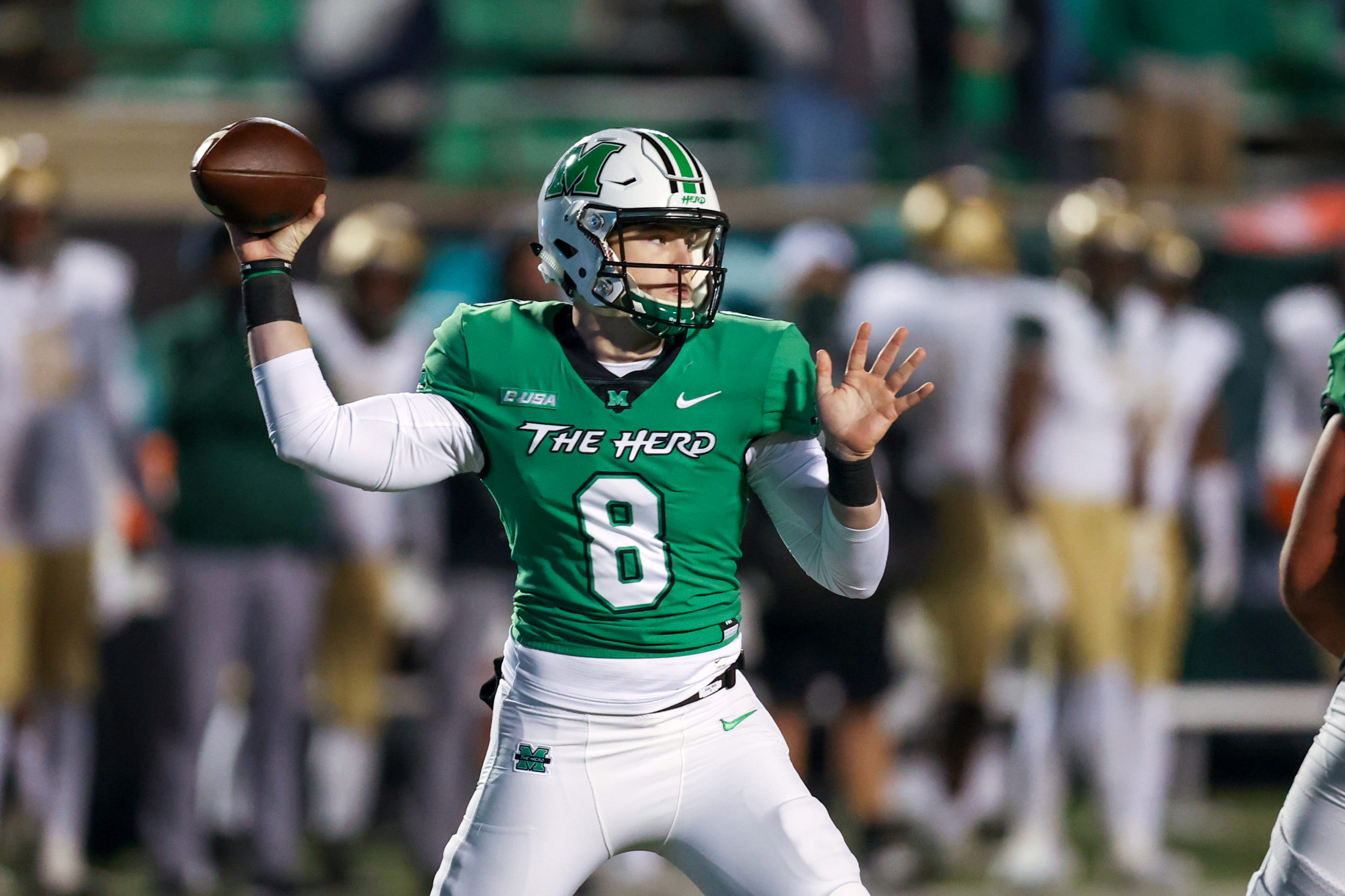 HUNTINGTON, WV - DECEMBER 18: Marshall Thundering Herd quarterback Grant Wells (8) throws a pass during the fourth quarter of the 2020 Ryan C-USA Football Championship Game between the UAB Blazers and the Marshall Thundering Herd on October 24, 2020, at Joan C. Edwards Stadium in Huntington, WV. (Photo by Frank Jansky/Icon Sportswire via Getty Images)