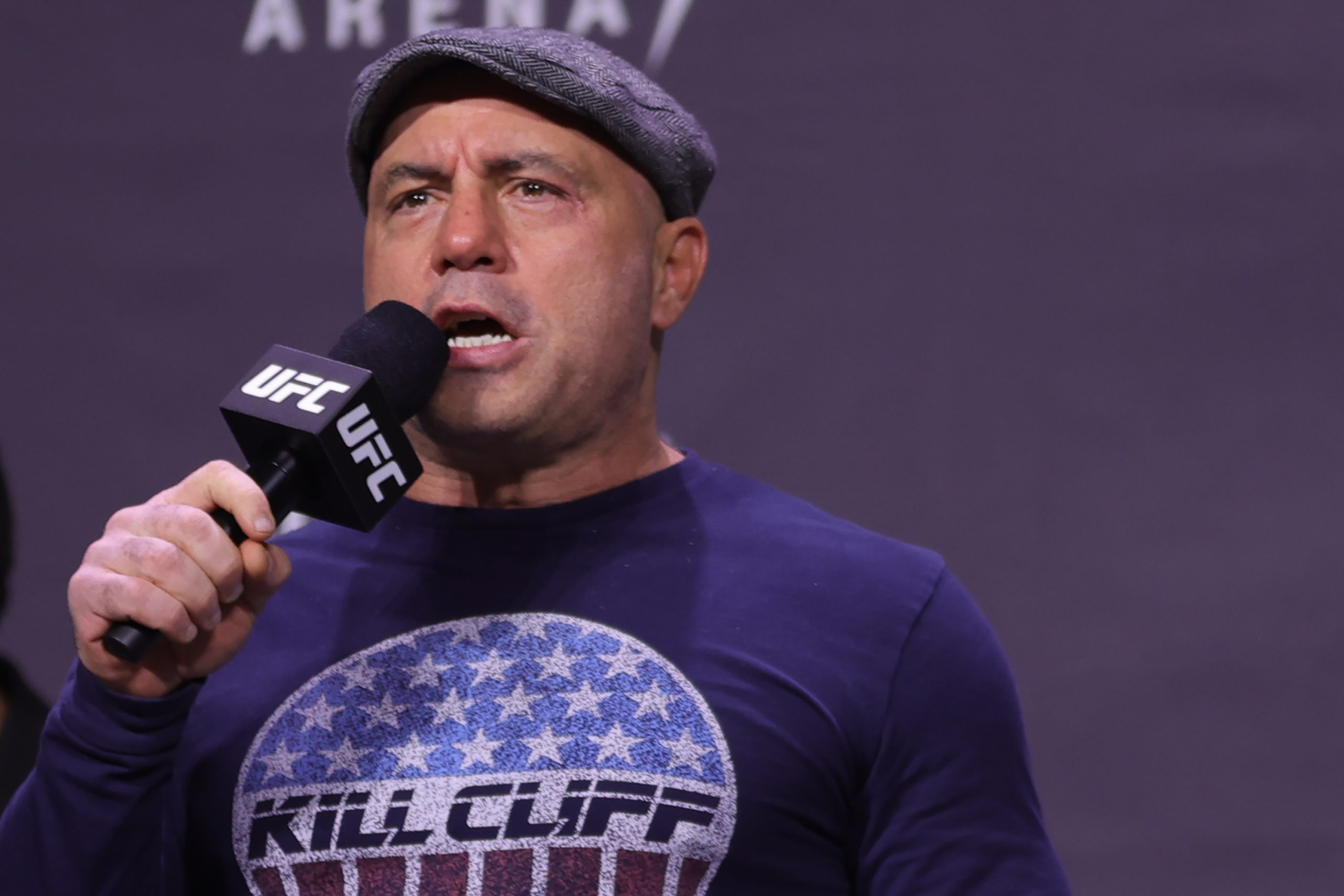 LAS VEGAS, NEVADA - DECEMBER 10: Joe Rogan introduces fighters during the UFC 269 ceremonial weigh-in  at MGM Grand Garden Arena on December 10, 2021 in Las Vegas, Nevada. (Photo by Carmen Mandato/Getty Images)