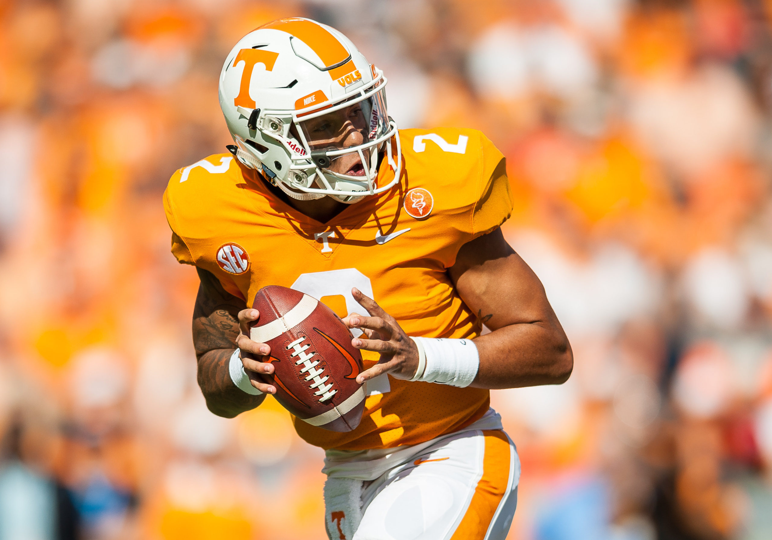 KNOXVILLE, TN - SEPTEMBER 09: Tennessee Volunteers quarterback Jarrett Guarantano (2) looking to pass during a game between the Indiana State Sycamores and Tennessee Volunteers on September 9, 2017, at Neyland Stadium in Knoxville, TN. (Photo by Bryan Lynn/Icon Sportswire via Getty Images)