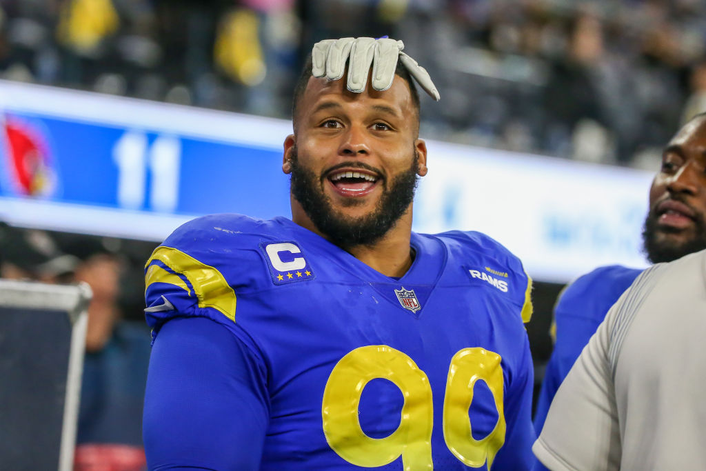 INGLEWOOD, CA - JANUARY 17: Los Angeles Rams defensive end Aaron Donald #99 smiles during the NFC Wild Card playoff game between the Arizona Cardinals and the Los Angeles Rams on January 17, 2022, at SoFi Stadium in Inglewood, CA. (Photo by Jevone Moore/Icon Sportswire via Getty Images)