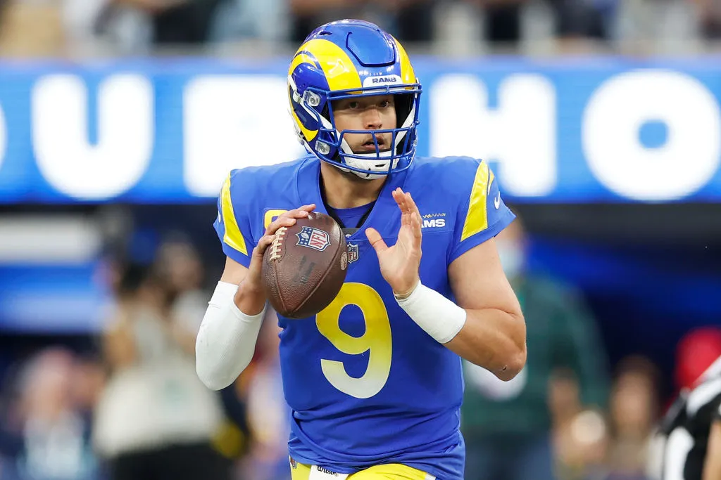 INGLEWOOD, CALIFORNIA - JANUARY 30: Matthew Stafford #9 of the Los Angeles Rams looks to pass the ball during the NFC Championship Game against the San Francisco 49ers at SoFi Stadium on January 30, 2022 in Inglewood, California. (Photo by Christian Petersen/Getty Images)