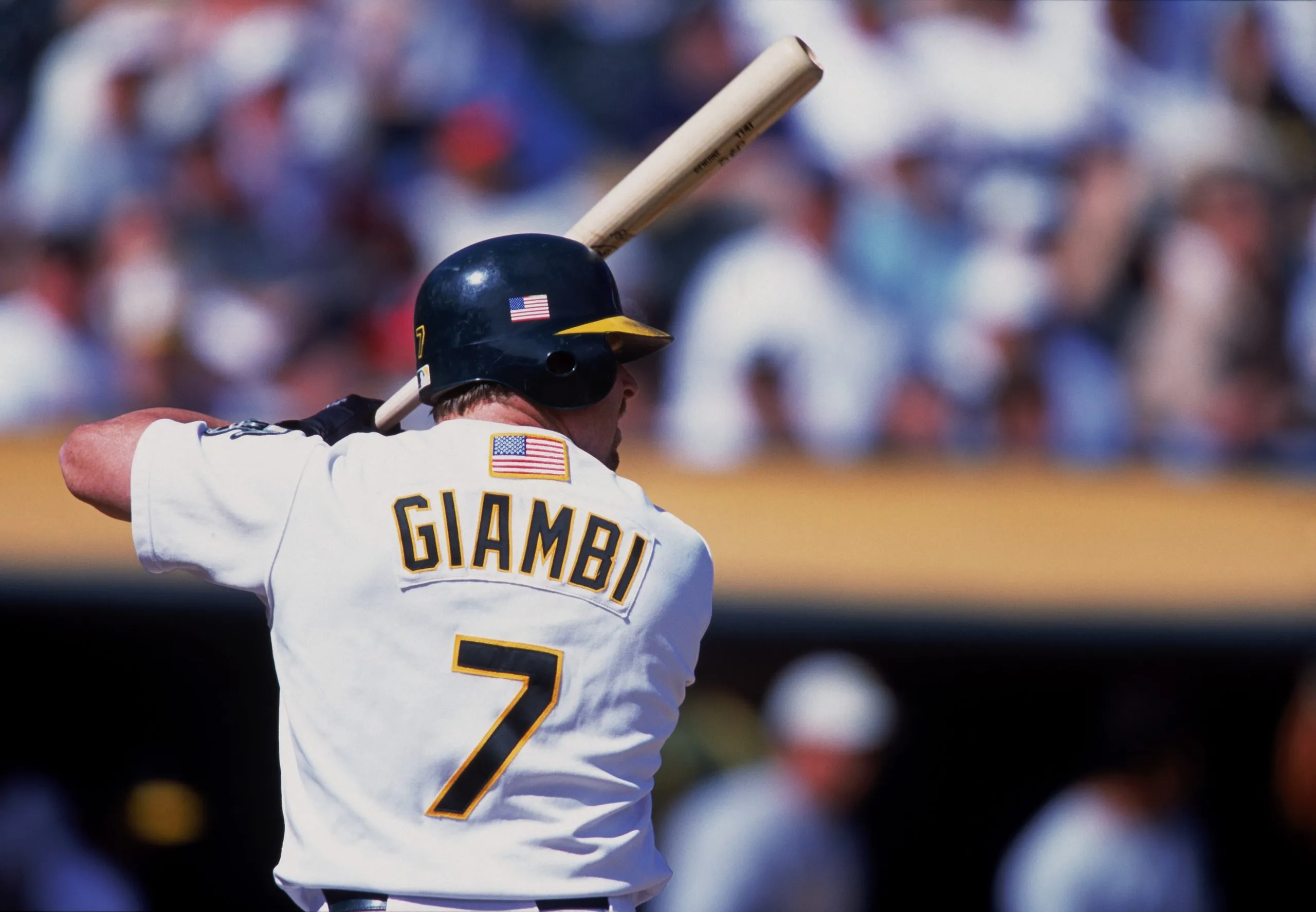 27 Sep 2001:  Jeremy Giambi #7 of the Oakland Athletics stands ready at bat during the game against the Anaheim Angels at the Network Associates Coliseum in Oakland, California. The A's defeated the Angels 6-2.Mandatory Credit: Jed Jacobsohn  /Allsport