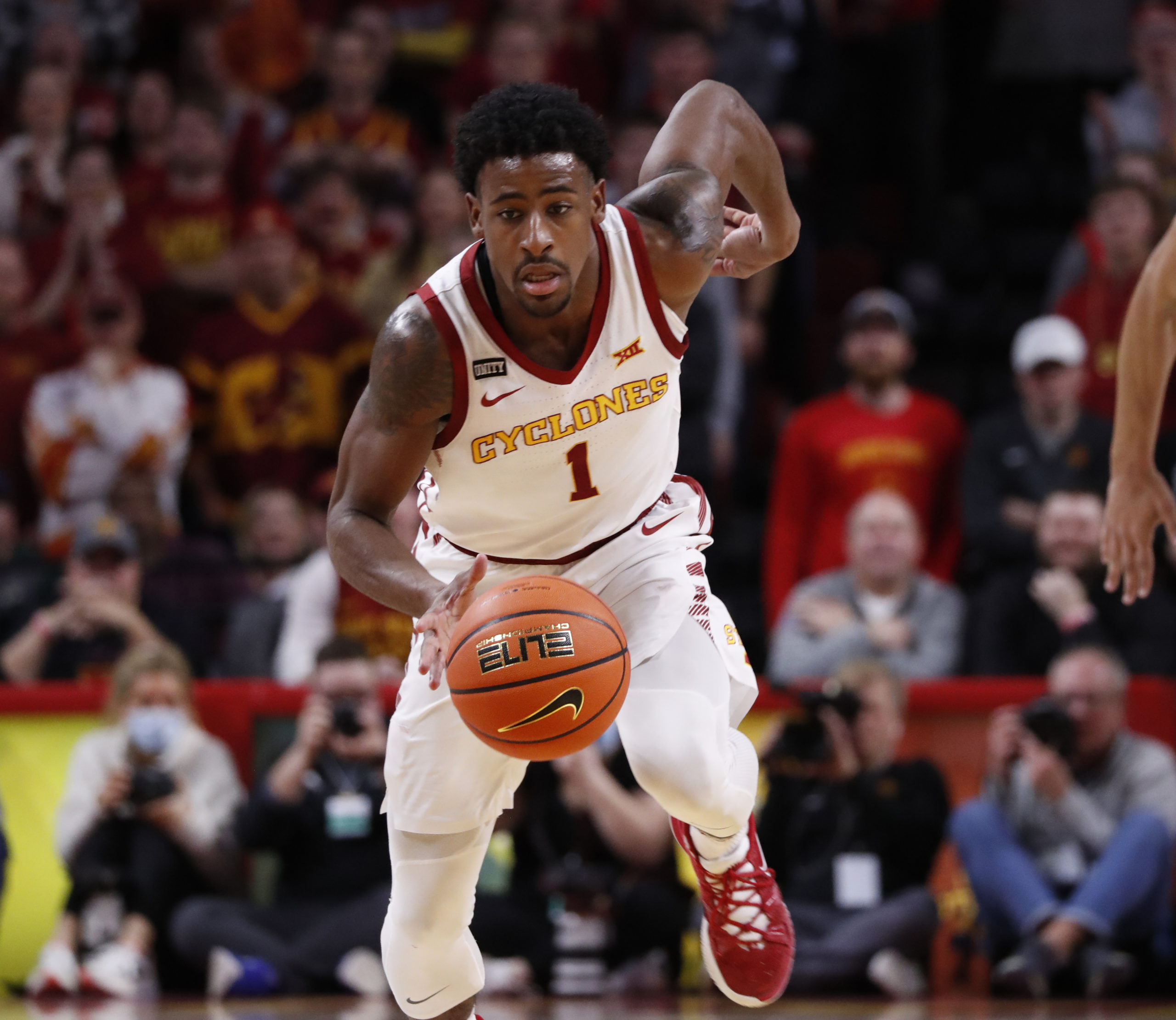 AMES, IA - FEBRUARY 1: Izaiah Brockington #1 of the Iowa State Cyclones drives the ball in the first half of play at Hilton Coliseum on February 1, 2022 in Ames, Iowa. The Kansas Jayhawks won 70-61 over the Iowa State Cyclones. (Photo by David K Purdy/Getty Images)
