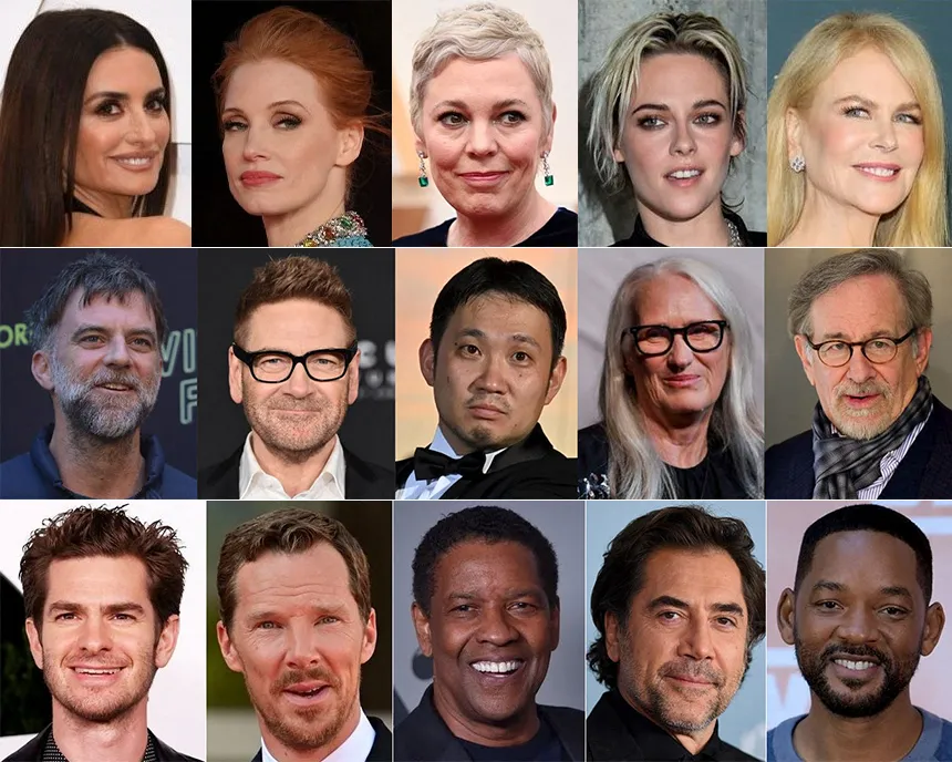 (COMBO) This combination of pictures created on February 8, 2022 shows Spanish actress Penelope Cruz on February 09, 2020, US actress Jessica Chastain on October 14, 2021, British actress Olivia Colman on February 09, 2020, US actress Kristen Stewart on January 07, 2020, US-Australian actress Nicole Kidman on January 12, 2020, US director Paul Thomas Anderson on January 26, 2015, Director Kenneth Branagh on November 08, 2021, Japanese director Ryusuke Hamaguchi on July 17, 2021, New Zealand director Jane Campion on October 15, 2021, and US director Steven Spielberg on March 21, 2018, US-British actor Andrew Garfield on November 18, 2021, British actor Benedict Cumberbatch on September 02, 2021, US actor Denzel Washington on January 13, 2022, Spanish actor Javier Bardem on December 06, 2021 and US actor Will Smith on January 08, 2020. - Jane Campion's gothic Western "The Power of the Dog" led the Oscars nominations February 8, 2022, fending off a crowded field of movies from a year in which Covid-weary audiences slowly headed back into movie theaters. (Photo by AFP) (Photo by VALERIE MACON,JEAN-BAPTISTE LACROIX,ROBYN BECK,TIZIANA FABI,LISA O'CONNOR,GABRIEL BOUYS,MICHAEL TRAN,MIGUEL MEDINA,ALBERTO PIZZOLI,PHILIPPE DESMAZES,JOHN MACDOUGALL/AFP via Getty Images)
