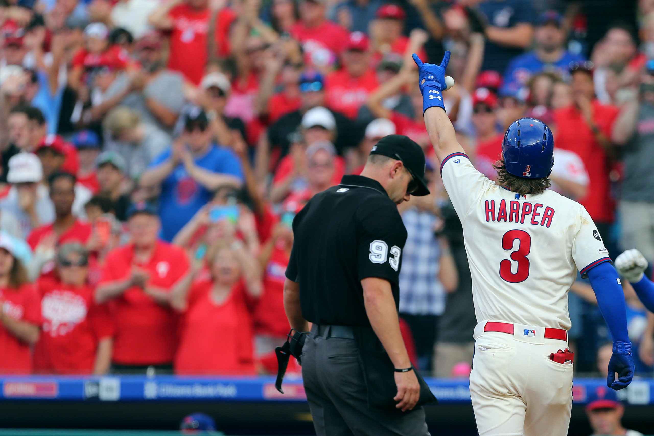 PHILADELPHIA, PA - AUGUST 31: Bryce Harper #3 of the Philadelphia Phillies gestures to the fans after he hit a home run against the New York Mets during the sixth inning of a game at Citizens Bank Park on August 31, 2019 in Philadelphia, Pennsylvania. (Photo by Rich Schultz/Getty Images)