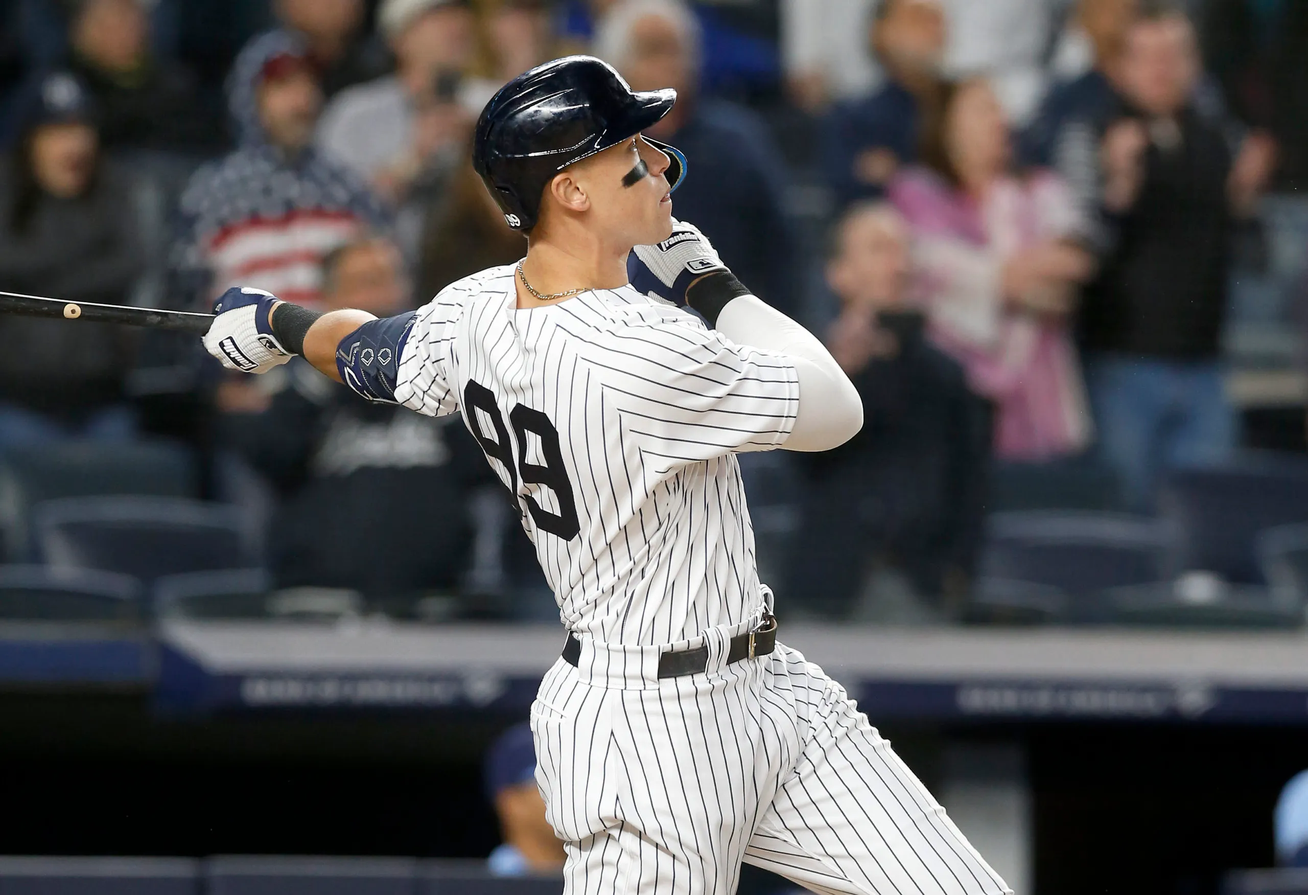 NEW YORK, NEW YORK - MAY 10:  Aaron Judge #99 of the New York Yankees follows through on his ninth inning game winning three run home run against the Toronto Blue Jays at Yankee Stadium on May 10, 2022 in New York City. The Yankees defeated the Blue Jays 6-5. (Photo by Jim McIsaac/Getty Images)