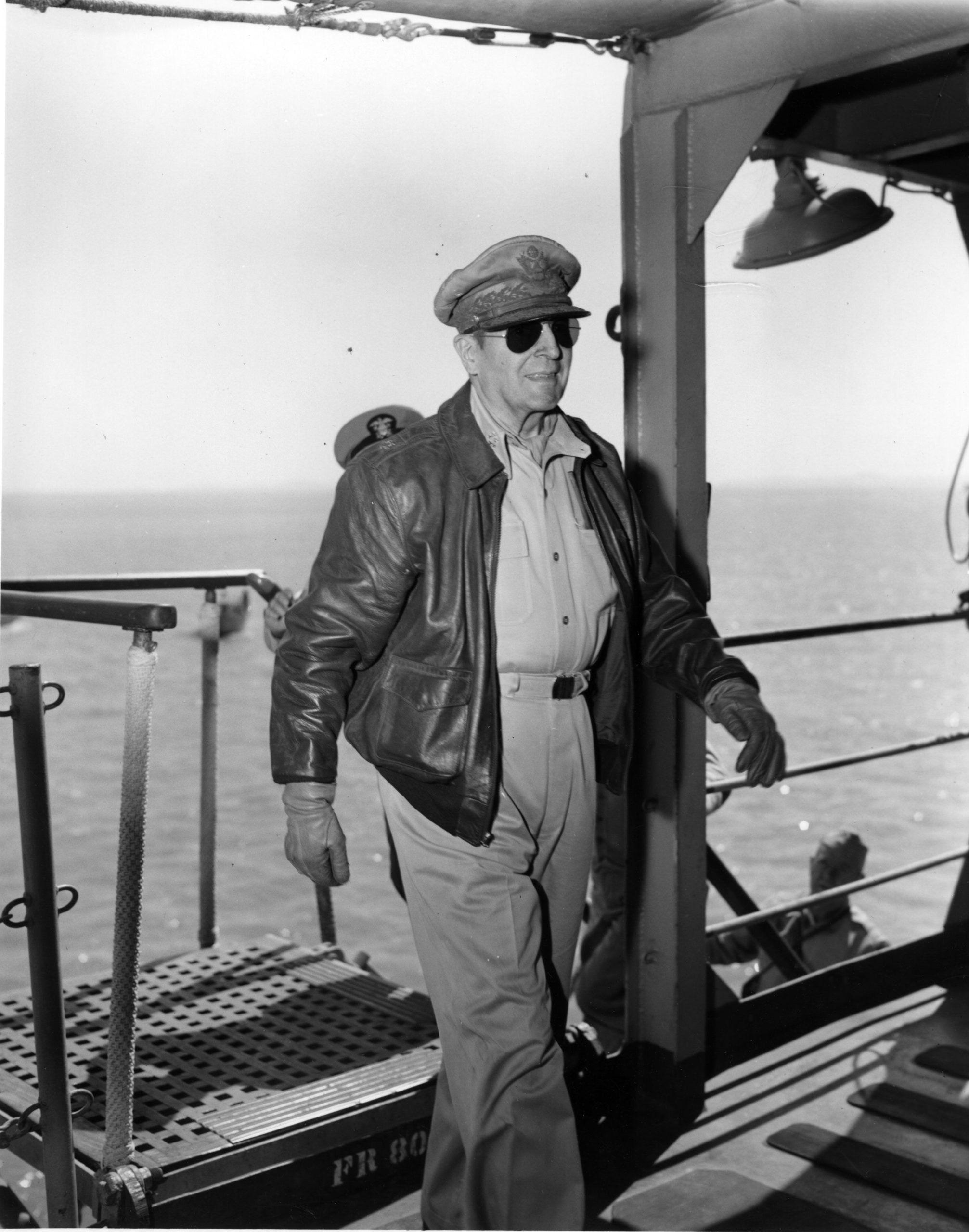 circa 1945:  American General Douglas MacArthur (1880 - 1964) on board ship.  (Photo by MPI/Getty Images)