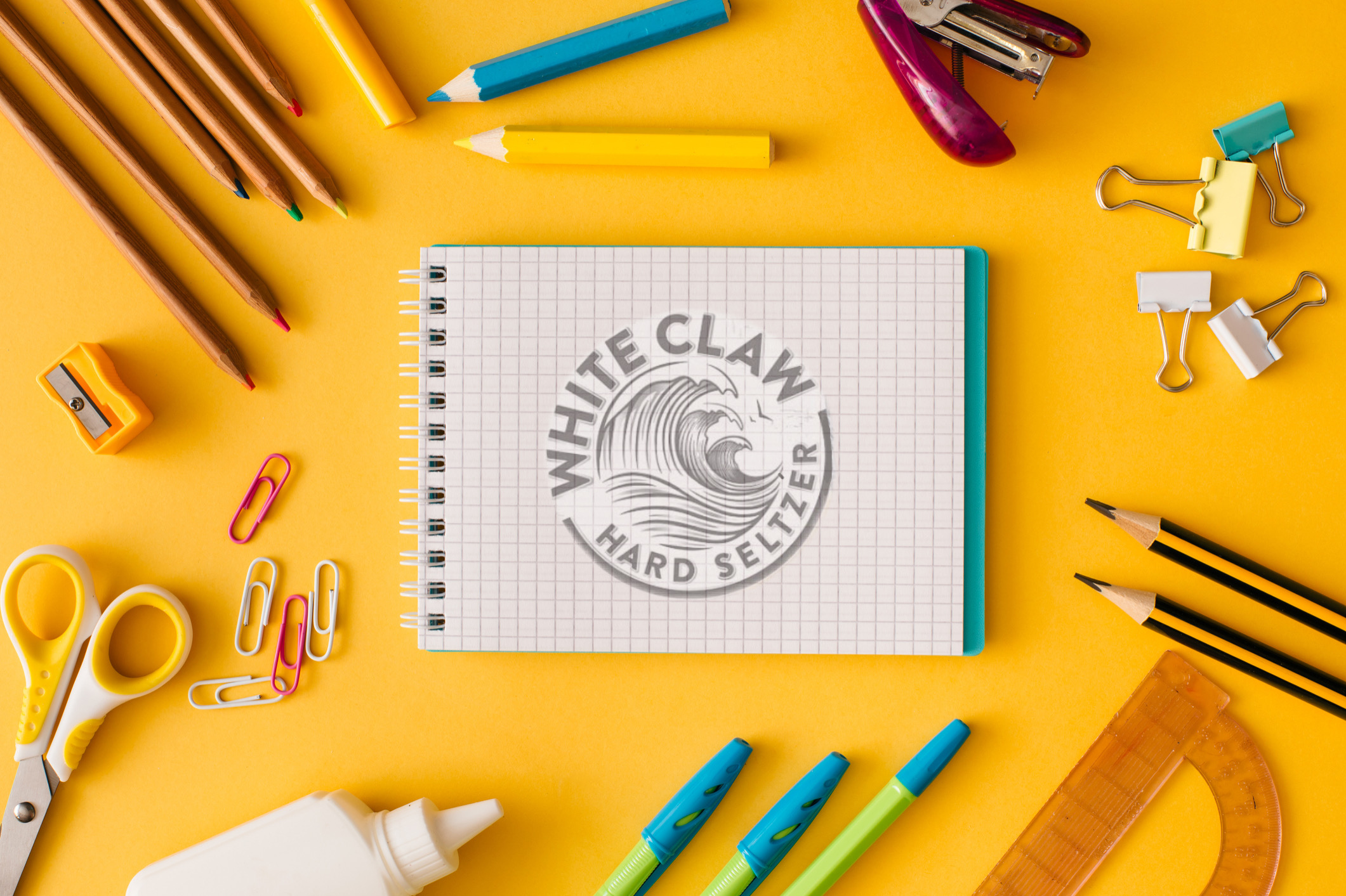 Back to school concept. Creative composition of school stationery white sheet of notebook paper on a yellow background. Top view, flat lay, copy space.