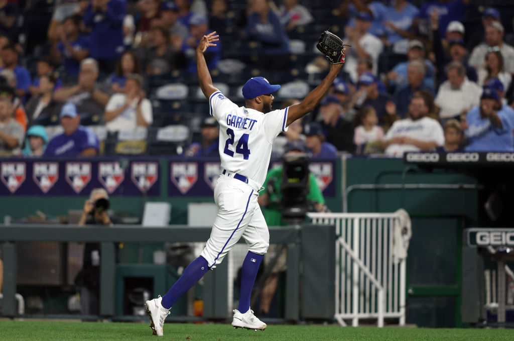 KANSAS CITY, MISSOURI - JULY 25:  Amir Garrett #24 of the Kansas City Royals runs off the field after a strikout during the game against the Los Angeles Angels at Kauffman Stadium on July 25, 2022 in Kansas City, Missouri. (Photo by Jamie Squire/Getty Images)