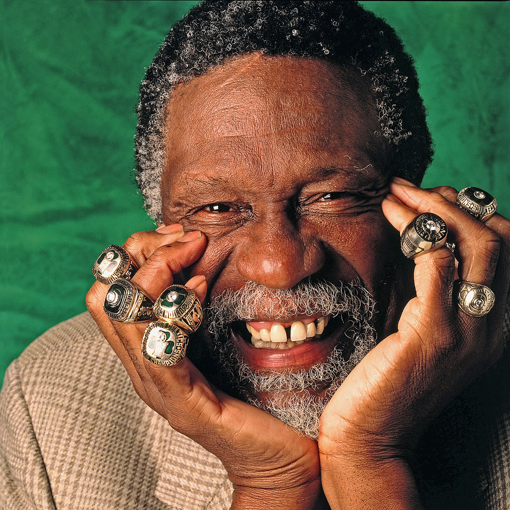 BOSTON- 1996: Bill Russell of the Boston Celtics poses for a photo with eleven of his Championship rings in 1996 in Boston, Massachusetts. NOTE TO USER: User expressly acknowledges and agrees that, by downloading and or using this Photograph, user is consenting to the terms and conditions of the Getty Images License Agreement. Mandatory Copyright Notice: Copyright 1996 NBAE (Photo by Nathaniel S. Butler/NBAE via Getty Images)