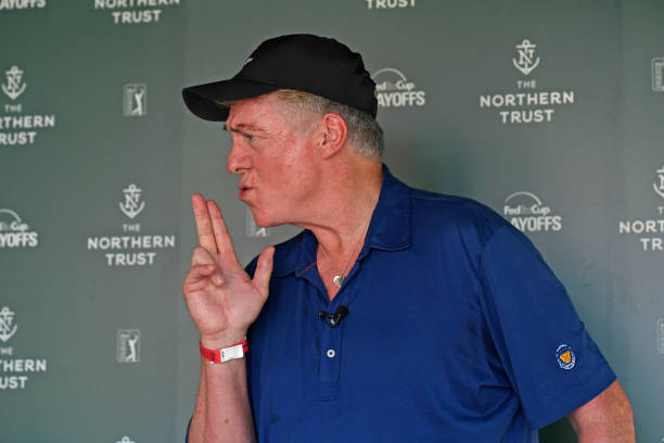 PARAMUS, NJ - AUGUST 24: Christopher McDonald (Shooter McGavin from Happy Gilmore) stops by the interview area during the second round of THE NORTHERN TRUST at Ridgewood Country Club on August 24, 2018 in Paramus, New Jersey. (Photo by Chris Condon/PGA TOUR)