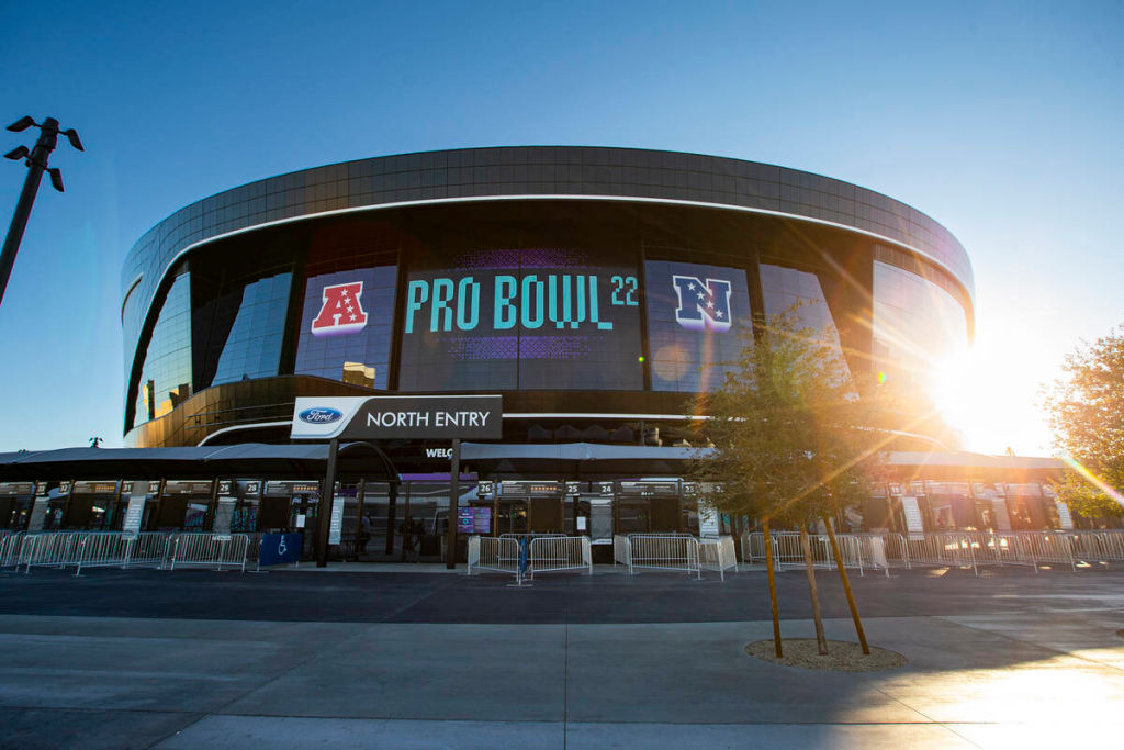 Signage for the NFL Pro Bowl is seen at Allegiant Stadium on Sunday, Feb. 6, 2022, in Las Vegas. (Chase Stevens/Las Vegas Review-Journal/Tribune News Service via Getty Images)