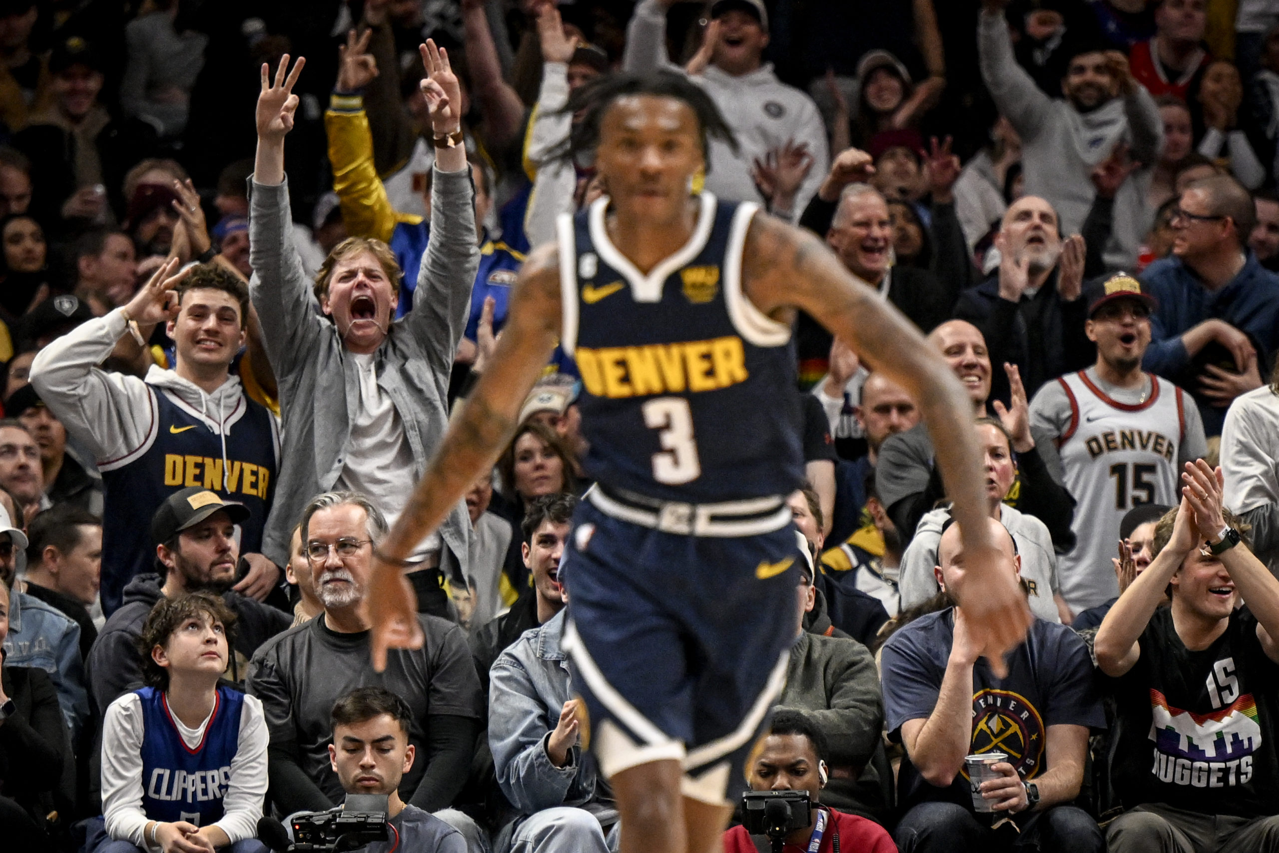 DENVER, CO - JANUARY 5: Denver Nuggets fans erupt after a three pointer by Bones Hyland (3) agains the LA Clippers during the second quarter at Ball Arena in Denver on Thursday, January 5, 2023. (Photo by AAron Ontiveroz/MediaNews Group/The Denver Post via Getty Images)
