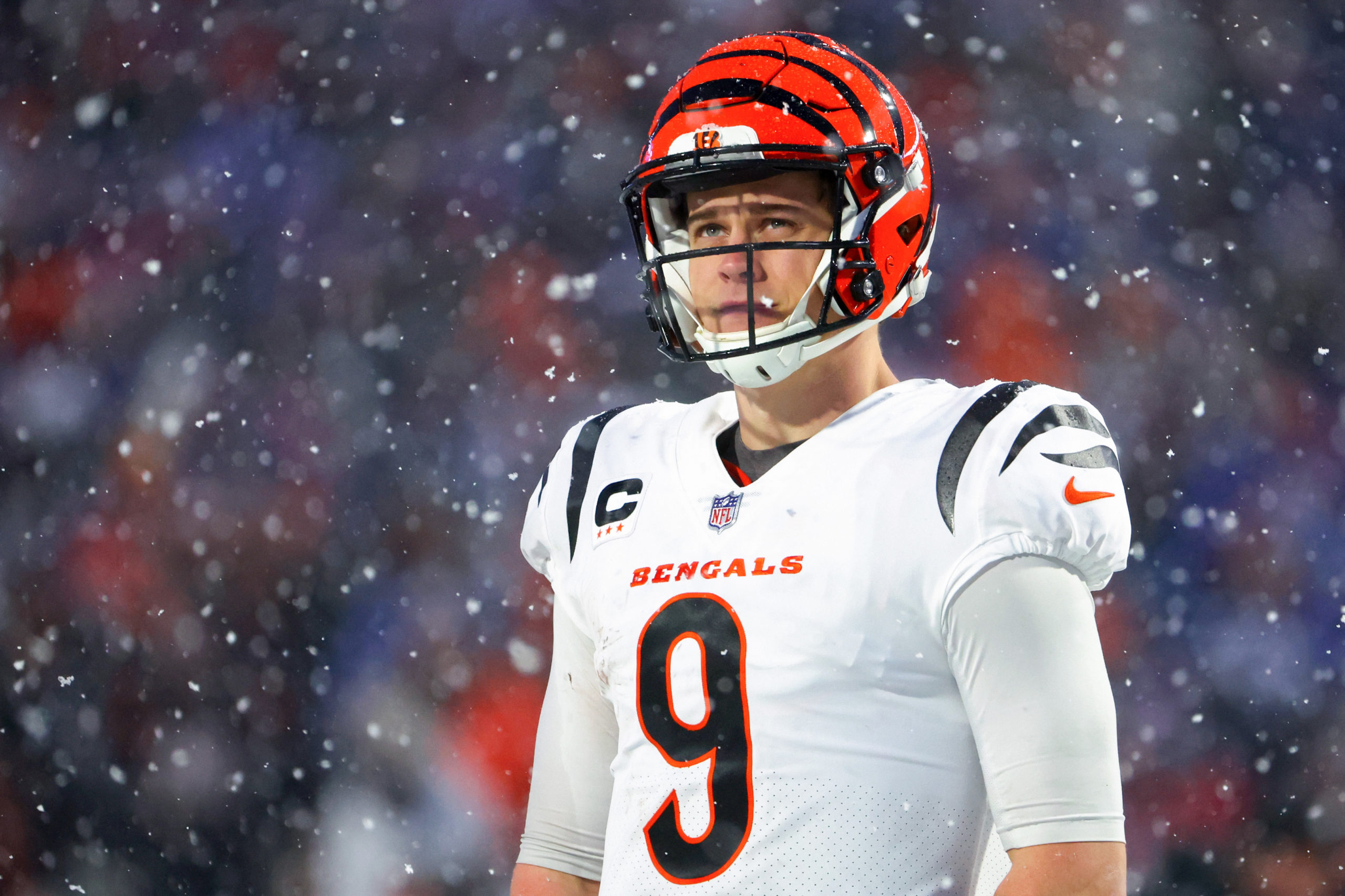 ORCHARD PARK, NEW YORK - JANUARY 22: Joe Burrow #9 of the Cincinnati Bengals looks on against the Buffalo Bills during the third quarter in the AFC Divisional Playoff game at Highmark Stadium on January 22, 2023 in Orchard Park, New York. (Photo by Timothy T Ludwig/Getty Images)