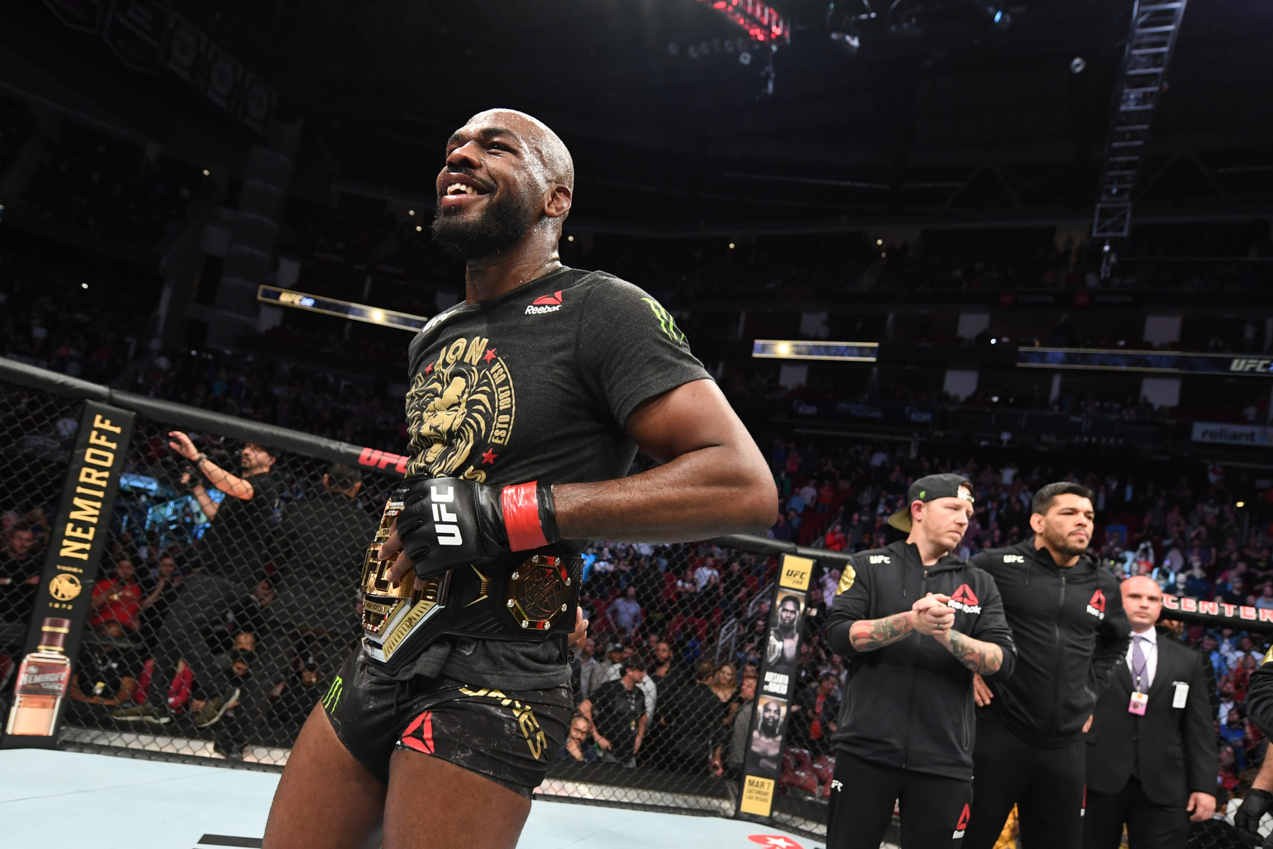 HOUSTON, TEXAS - FEBRUARY 08:  Jon Jones celebrates his victory over Dominick Reyes in their light heavyweight championship bout during the UFC 247 event at Toyota Center on February 08, 2020 in Houston, Texas. (Photo by Josh Hedges/Zuffa LLC via Getty Images)