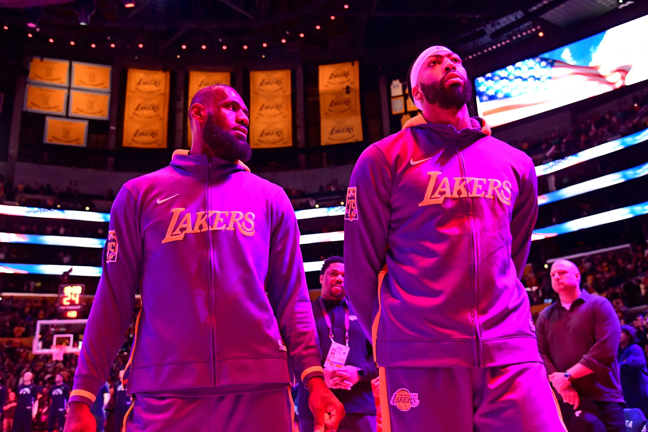 LOS ANGELES, CA - JANUARY 25: LeBron James #6 and Anthony Davis #3 of the Los Angeles Lakers stands for the National Anthem before the game against the San Antonio Spurs on January 25, 2023 at Crypto.Com Arena in Los Angeles, California. NOTE TO USER: User expressly acknowledges and agrees that, by downloading and/or using this Photograph, user is consenting to the terms and conditions of the Getty Images License Agreement. Mandatory Copyright Notice: Copyright 2023 NBAE (Photo by Adam Pantozzi/NBAE via Getty Images)