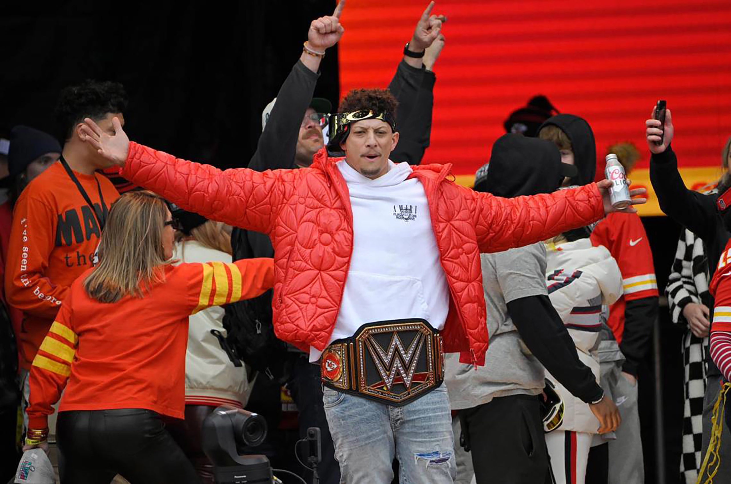 Kansas City Chiefs quarterback Patrick Mahomes fired up the crowd on stage in front of Union Station during the Kansas City Chiefs Super Bowl LVII victory parade Wednesday, Feb. 15, 2023, in downtown Kansas City. (Tammy Ljungblad/The Kansas City Star/Tribune News Service via Getty Images)