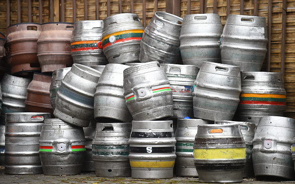 WORCESTER-ENGLAND - MARCH 27: Beer kegs are left outside a pub in Worcester Town Center on March 27, 2021 in Worcester, England . (Photo by Nathan Stirk/Getty Images)