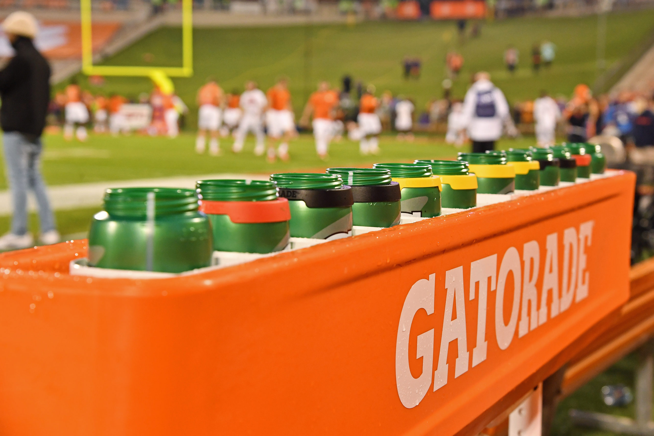 CLEMSON, SC - OCTOBER 28, 2017: Gatorade bottles are prepared during the Clemson Tigers game versus the Georgia Tech Yellow Jackets on October 28, 2017, at Memorial Stadium in Clemson, SC. (Photo by David Yeazell/Icon Sportswire via Getty Images)