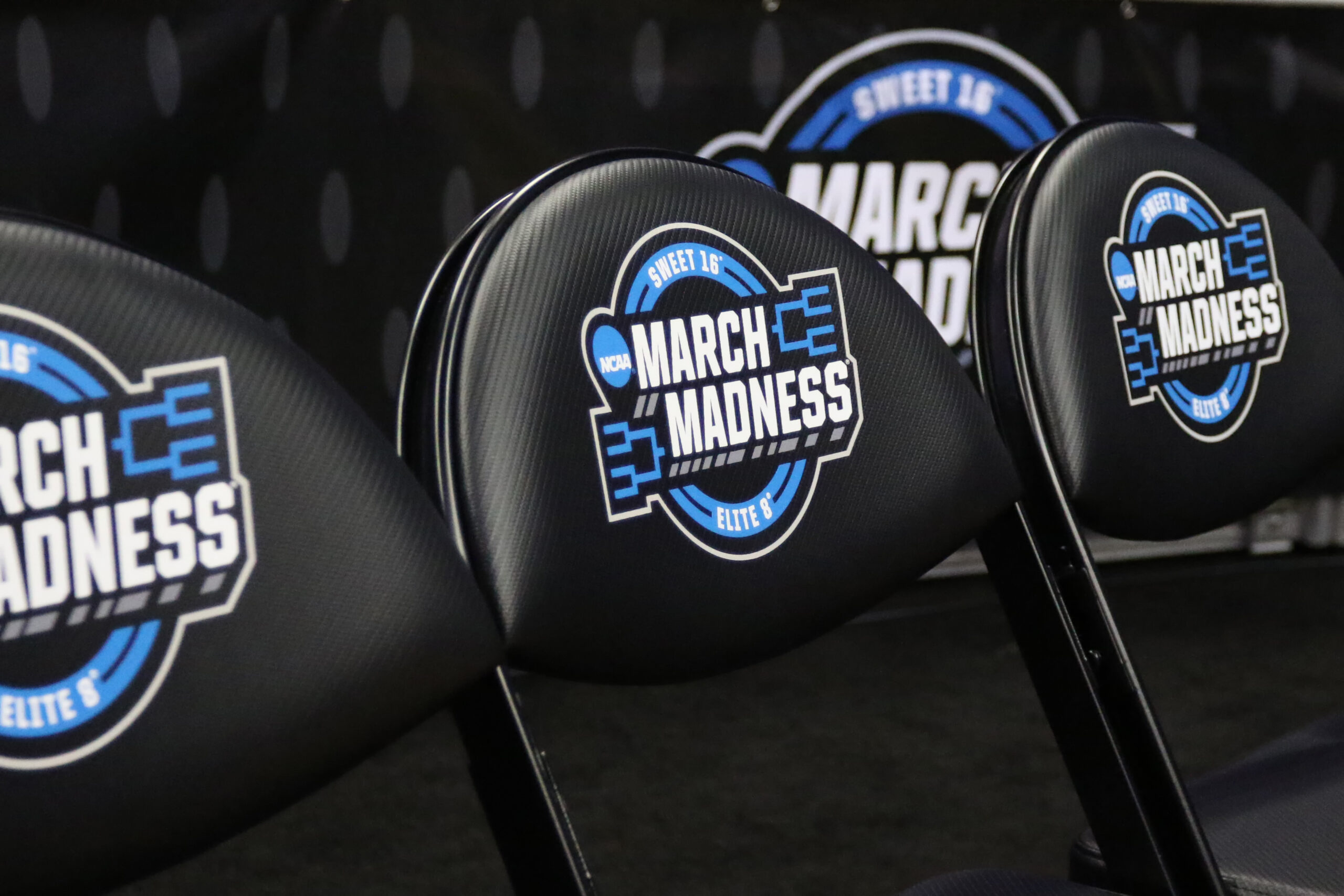 KANSAS CITY, MO - MARCH 29: A view of the March Madness logo on chairs before an NCAA Midwest Regional Sweet Sixteen game between the Auburn Tigers and North Carolina Tar Heels on March 29, 2019 at Sprint Center in Kansas City, MO.  (Photo by Scott Winters/Icon Sportswire via Getty Images)