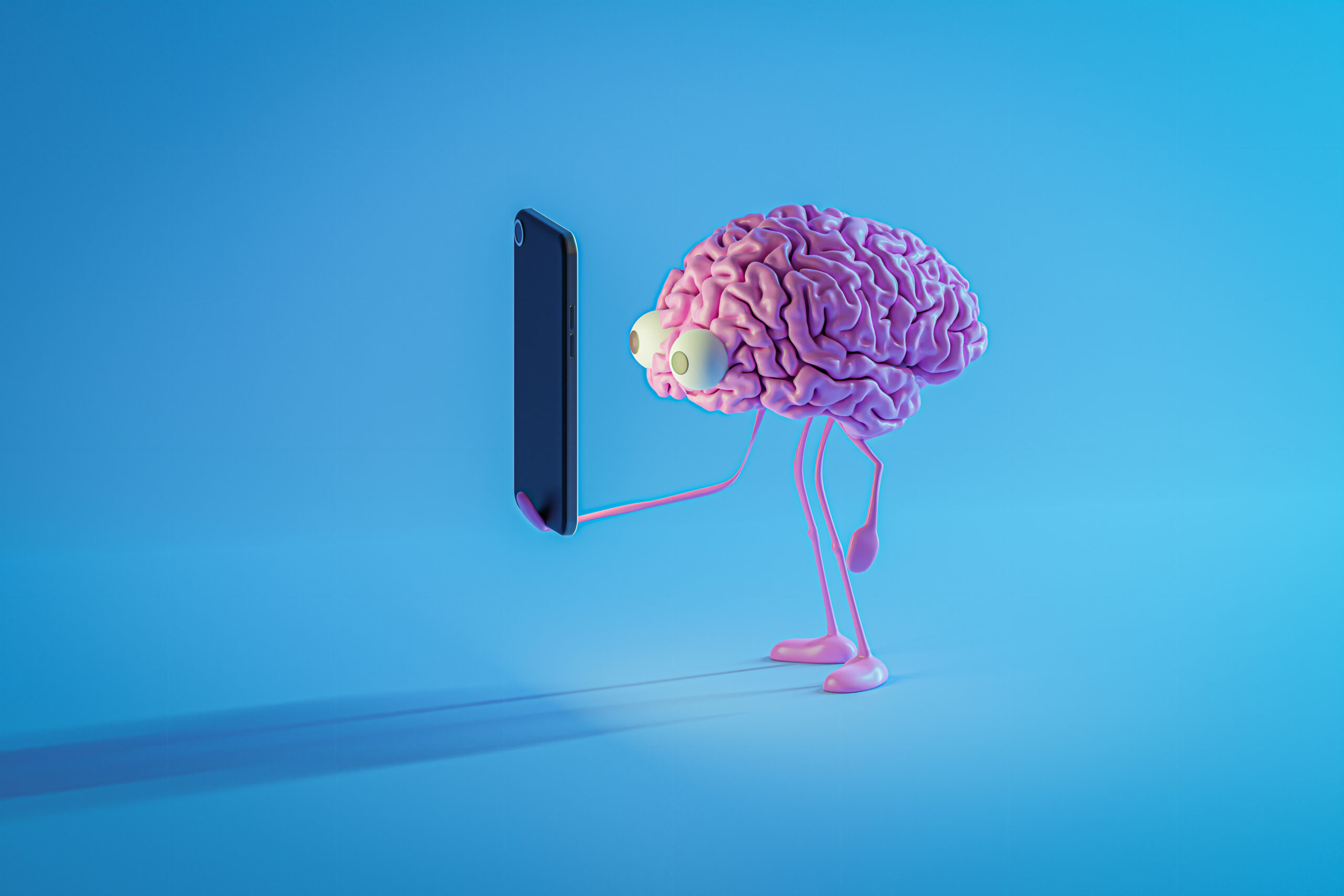 3D illustration of pink brain looking at smartphone screen. Building addiction, training of brain, mental health concept.