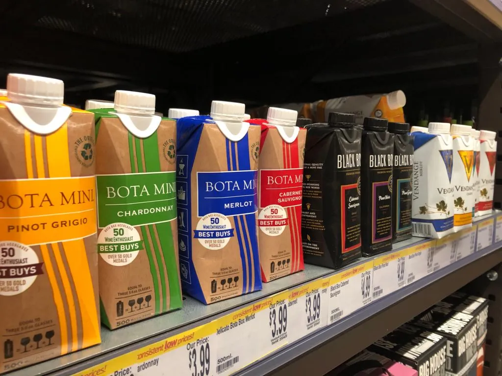 Bota Mini boxed wines on display at Wegmans grocery store, Boston, Massachusetts. (Photo by: Lindsey Nicholson/UCG/Universal Images Group via Getty Images)