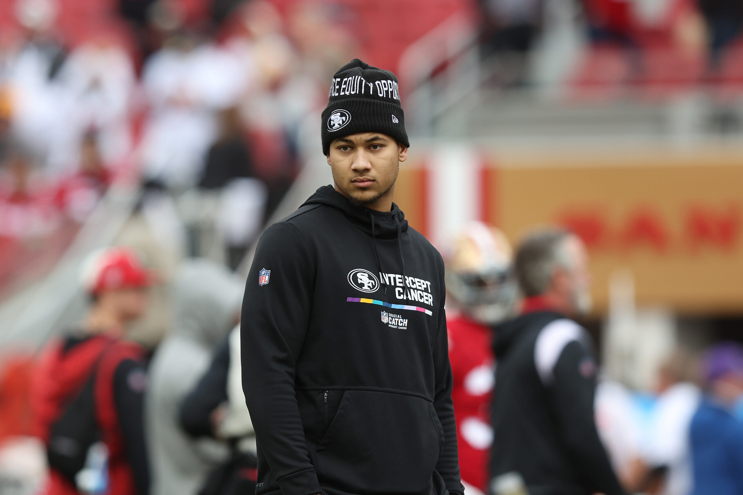 SANTA CLARA, CALIFORNIA - DECEMBER 11: Trey Lance #5 of the San Francisco 49ers looks on before the game against the Tampa Bay Buccaneers at Levi's Stadium on December 11, 2022 in Santa Clara, California. (Photo by Lachlan Cunningham/Getty Images)