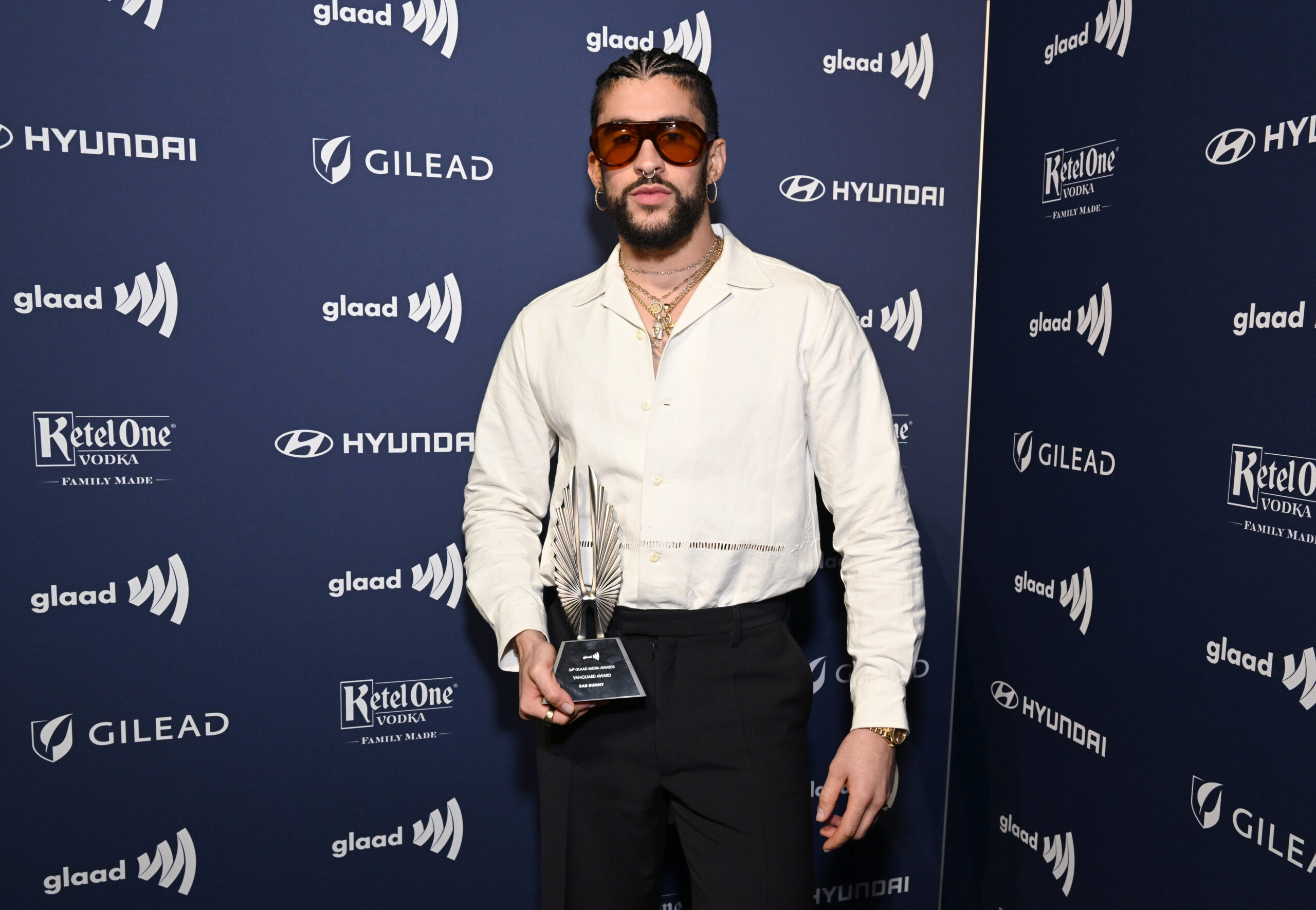 BEVERLY HILLS, CALIFORNIA - MARCH 30: Honoree Bad Bunny attends the GLAAD Media Awards at The Beverly Hilton on March 30, 2023 in Beverly Hills, California. (Photo by Michael Kovac/Getty Images for GLAAD)