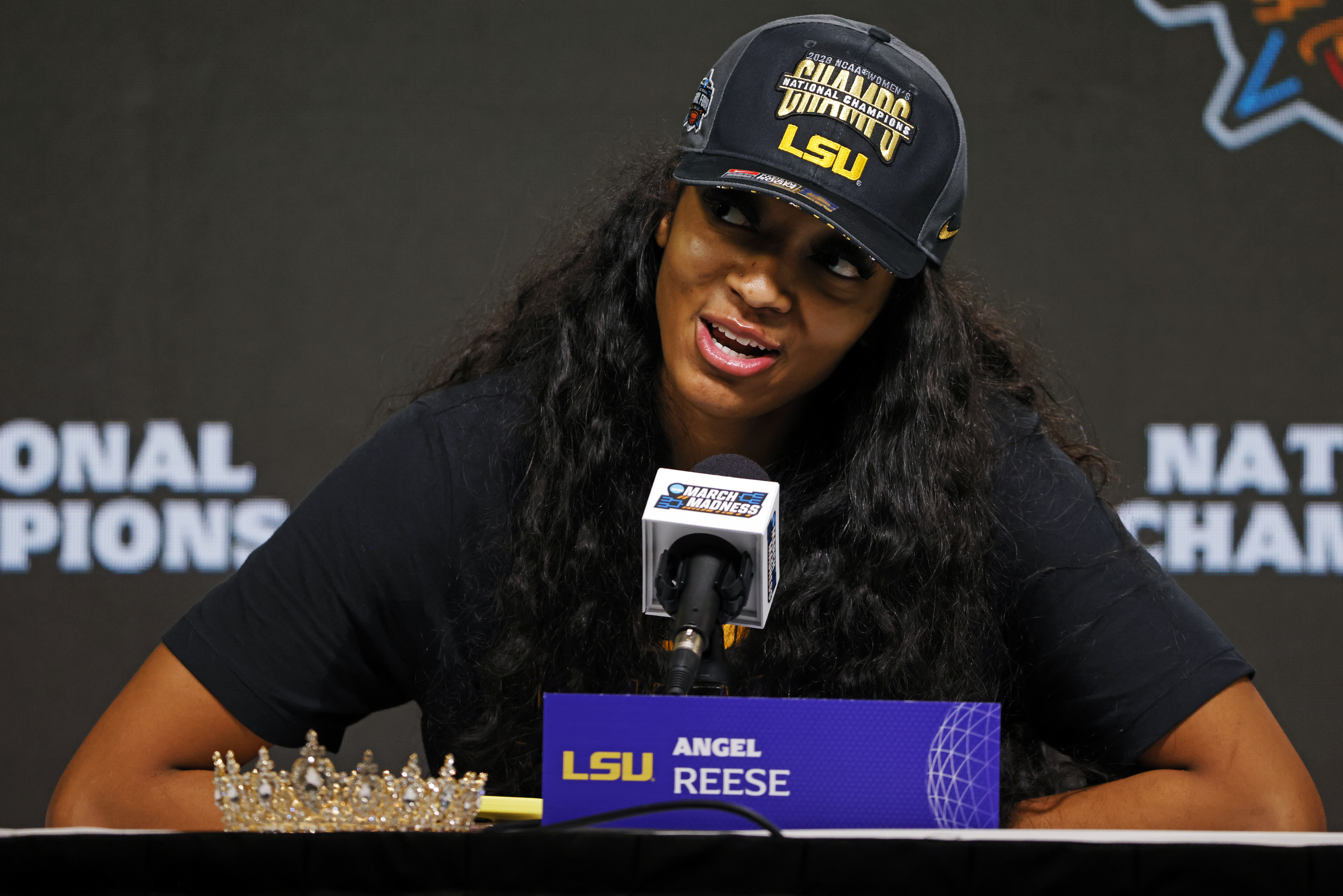 DALLAS, TEXAS - APRIL 02: Angel Reese #10 of the LSU Lady Tigers speaks during a press conference after the LSU Lady Tigers beat the Iowa Hawkeyes 102-85 during the 2023 NCAA Women's Basketball Tournament championship game at American Airlines Center on April 02, 2023 in Dallas, Texas. (Photo by Ron Jenkins/Getty Images)