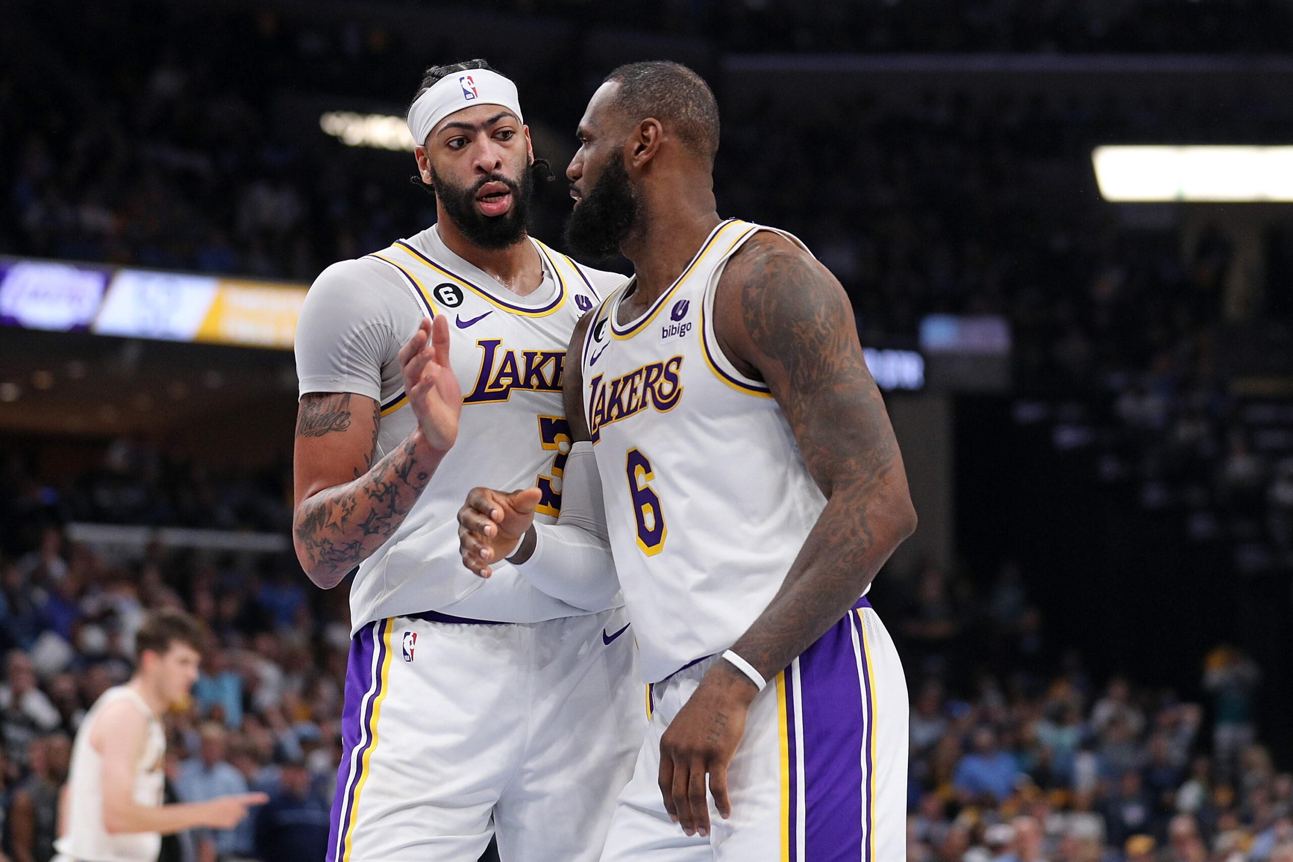 MEMPHIS, TENNESSEE - APRIL 16: Anthony Davis #3 of the Los Angeles Lakers and LeBron James #6 of the Los Angeles Lakers during the first half against the Memphis Grizzlies during Game One of the Western Conference First Round Playoffs at FedExForum on April 16, 2023 in Memphis, Tennessee. NOTE TO USER: User expressly acknowledges and agrees that, by downloading and or using this photograph, User is consenting to the terms and conditions of the Getty Images License Agreement.  (Photo by Justin Ford/Getty Images)