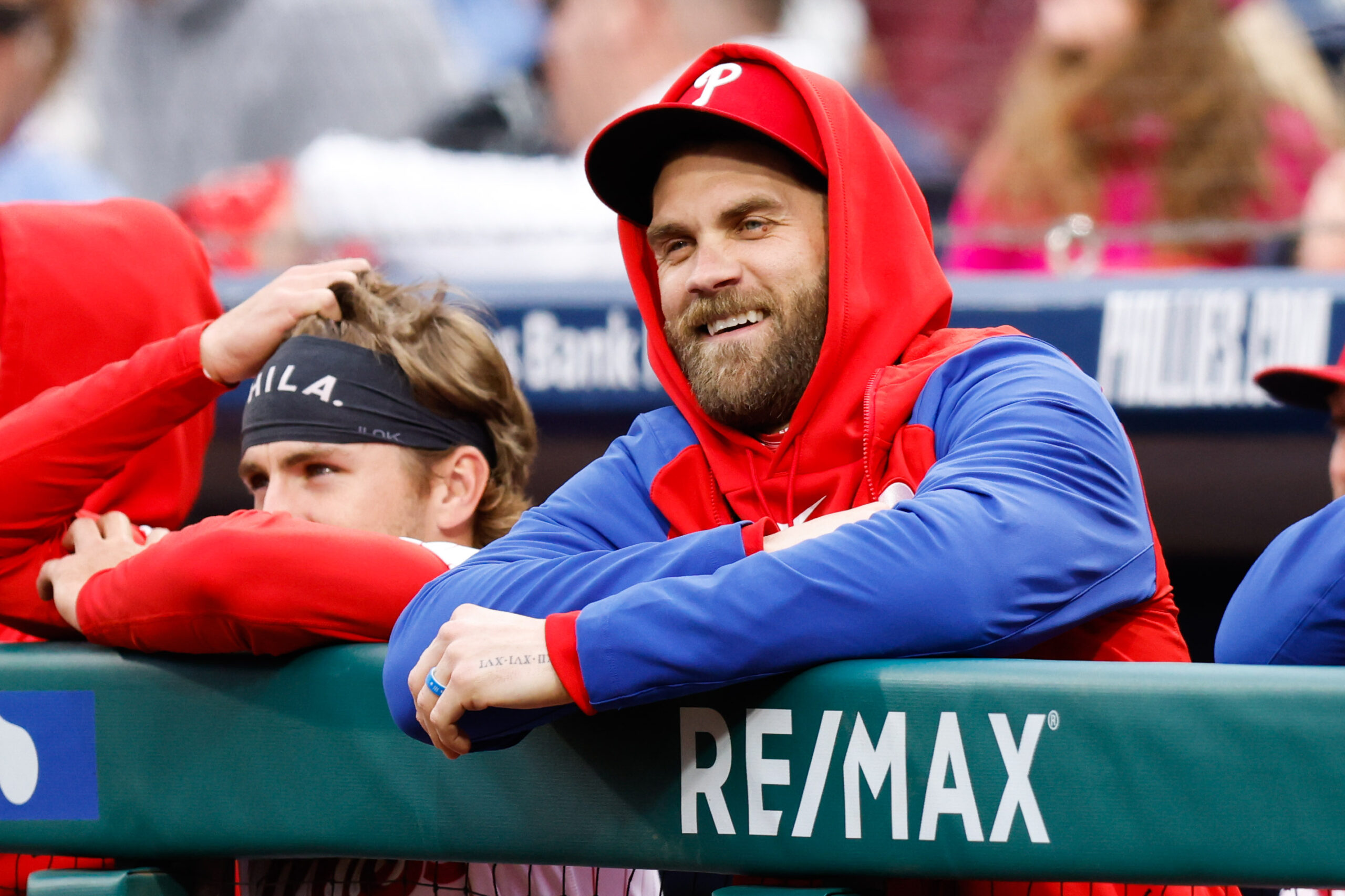 PHILADELPHIA, PA - APRIL 07:   Bryce Harper #3 of the Philadelphia Phillies looks on from the dugout during the game between the Cincinnati Reds and the Philadelphia Phillies at Citizens Bank Park on Friday, April 7, 2023 in Philadelphia, Pennsylvania. (Photo by Steve Boyle/MLB Photos via Getty Images)