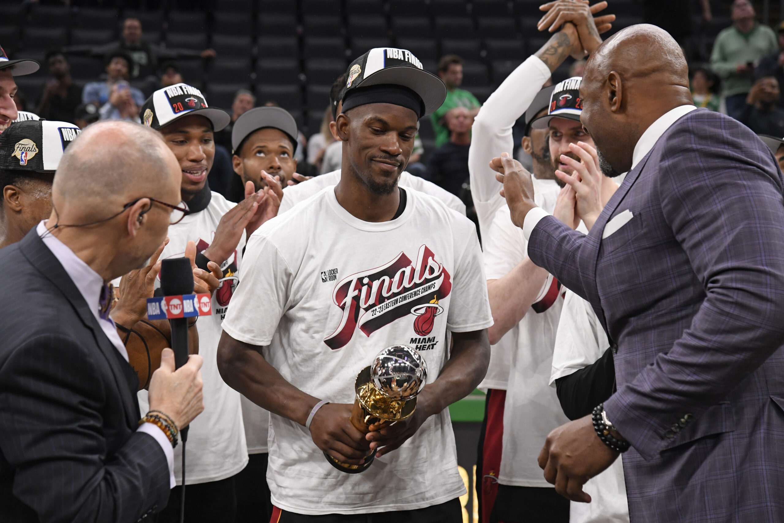 BOSTON, MA - MAY 29: Jimmy Butler #22 of the Miami Heat is presented with the Larry Bird Trophy after winning  round 3 game 7 of the Eastern Conference finals 2023 NBA Playoffs on May 29, 2023 at the TD Garden in Boston, Massachusetts. NOTE TO USER: User expressly acknowledges and agrees that, by downloading and or using this photograph, User is consenting to the terms and conditions of the Getty Images License Agreement. Mandatory Copyright Notice: Copyright 2023 NBAE  (Photo by Brian Babineau/NBAE via Getty Images)