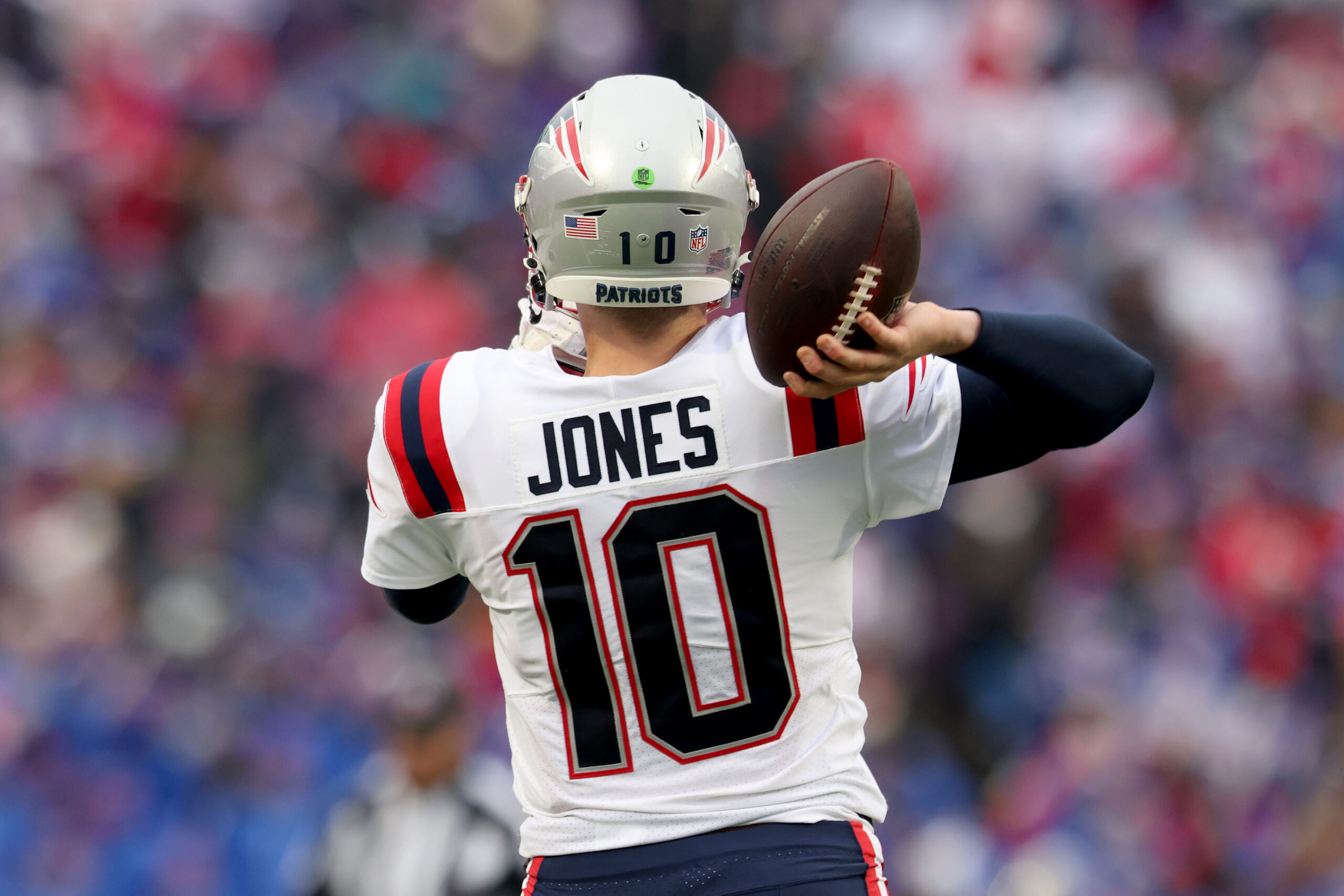 ORCHARD PARK, NEW YORK - JANUARY 08: Mac Jones #10 of the New England Patriots during the first quarter against the Buffalo Bills at Highmark Stadium on January 08, 2023 in Orchard Park, New York. (Photo by Bryan Bennett/Getty Images)