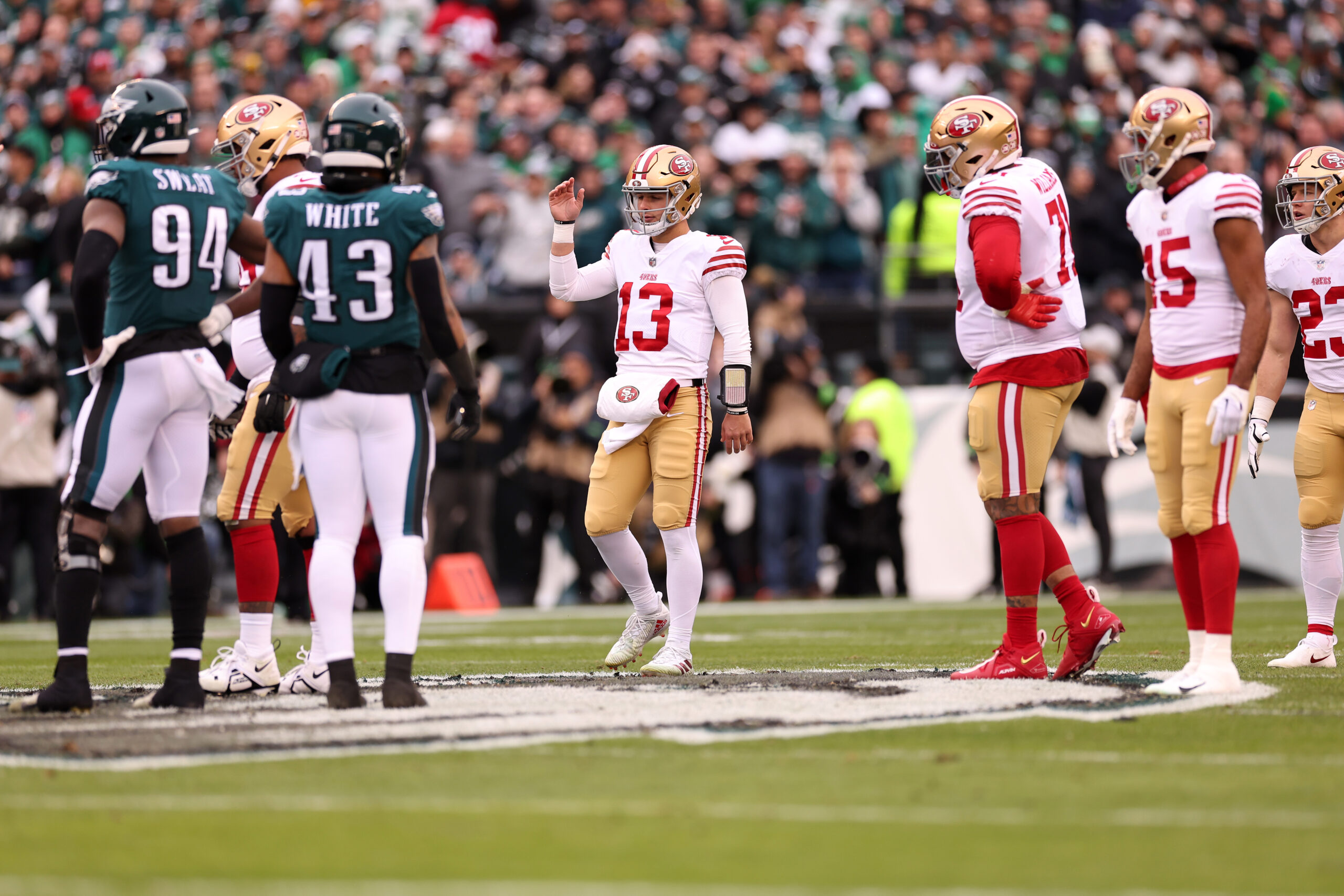 PHILADELPHIA, PENNSYLVANIA - JANUARY 29: Brock Purdy #13 of the San Francisco 49ers reacts against the Philadelphia Eagles during the first quarter in the NFC Championship Game at Lincoln Financial Field on January 29, 2023 in Philadelphia, Pennsylvania. (Photo by Tim Nwachukwu/Getty Images)