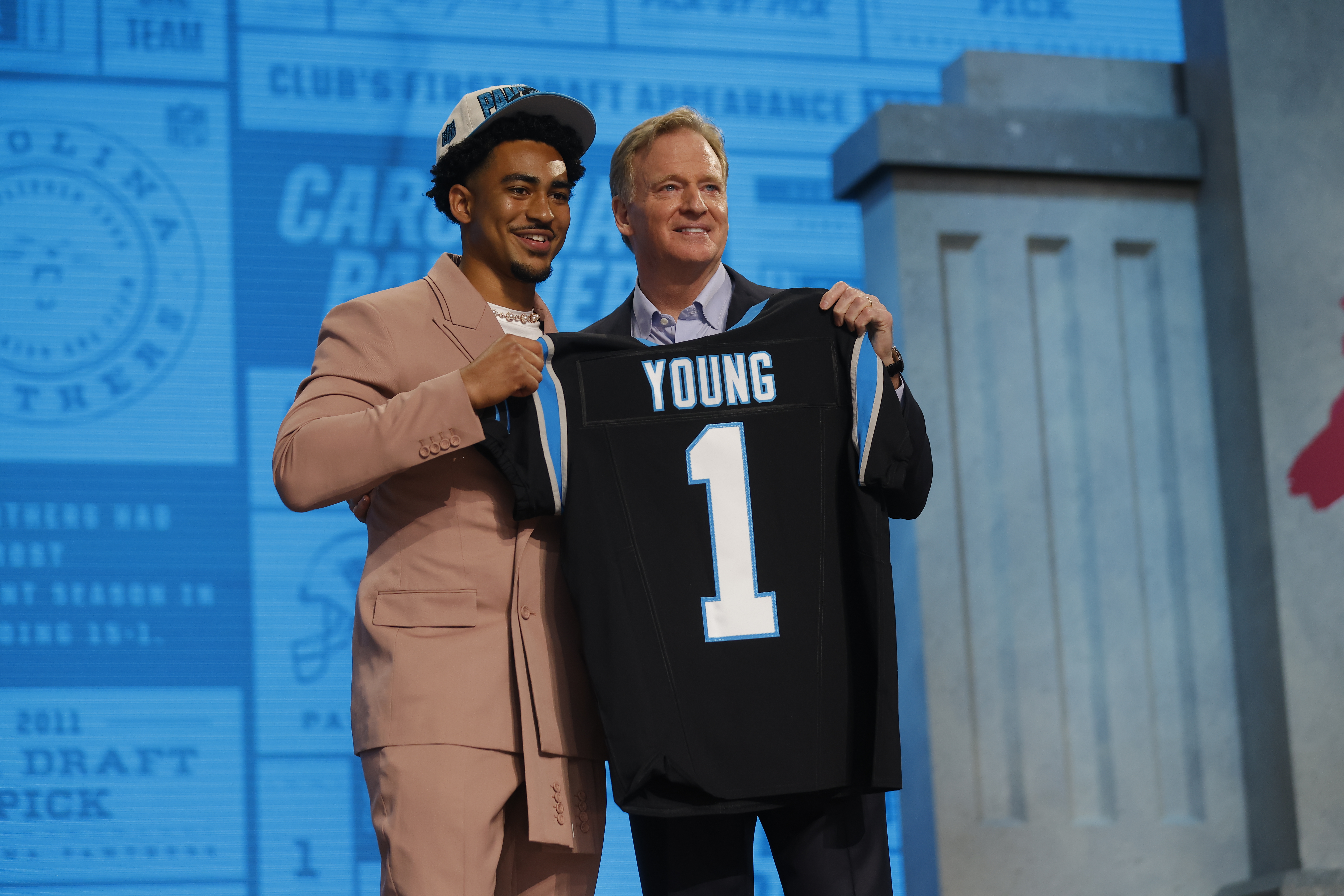 KANSAS CITY, MISSOURI - APRIL 27: (L-R) Bryce Young poses with NFL Commissioner Roger Goodell after being selected first overall by the Carolina Panthers during the first round of the 2023 NFL Draft at Union Station on April 27, 2023 in Kansas City, Missouri. (Photo by David Eulitt/Getty Images)