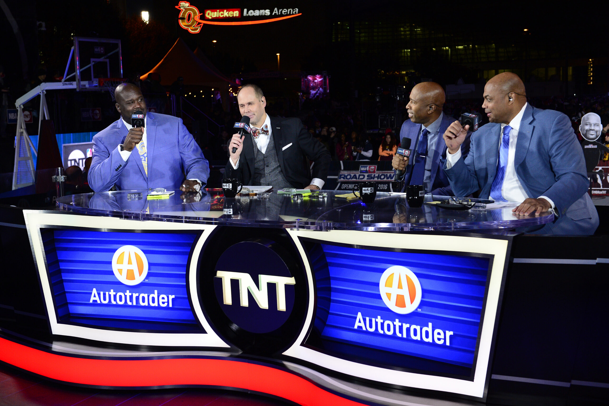 CLEVELAND, OH - OCTOBER 25:  NBA TNT Analysts, Shaquille O'Neal, Ernie Johnson, Kenny Smith and Charles Barkley host a show on October 25, 2016 before the New York Knicks game against the Cleveland Cavaliers at Quicken Loans Arena in Cleveland, Ohio.  NOTE TO USER: User expressly acknowledges and agrees that, by downloading and or using this Photograph, user is consenting to the terms and conditions of the Getty Images License Agreement. Mandatory Copyright Notice: Copyright 2016 NBAE (Photo by David Dow/NBAE via Getty Images)