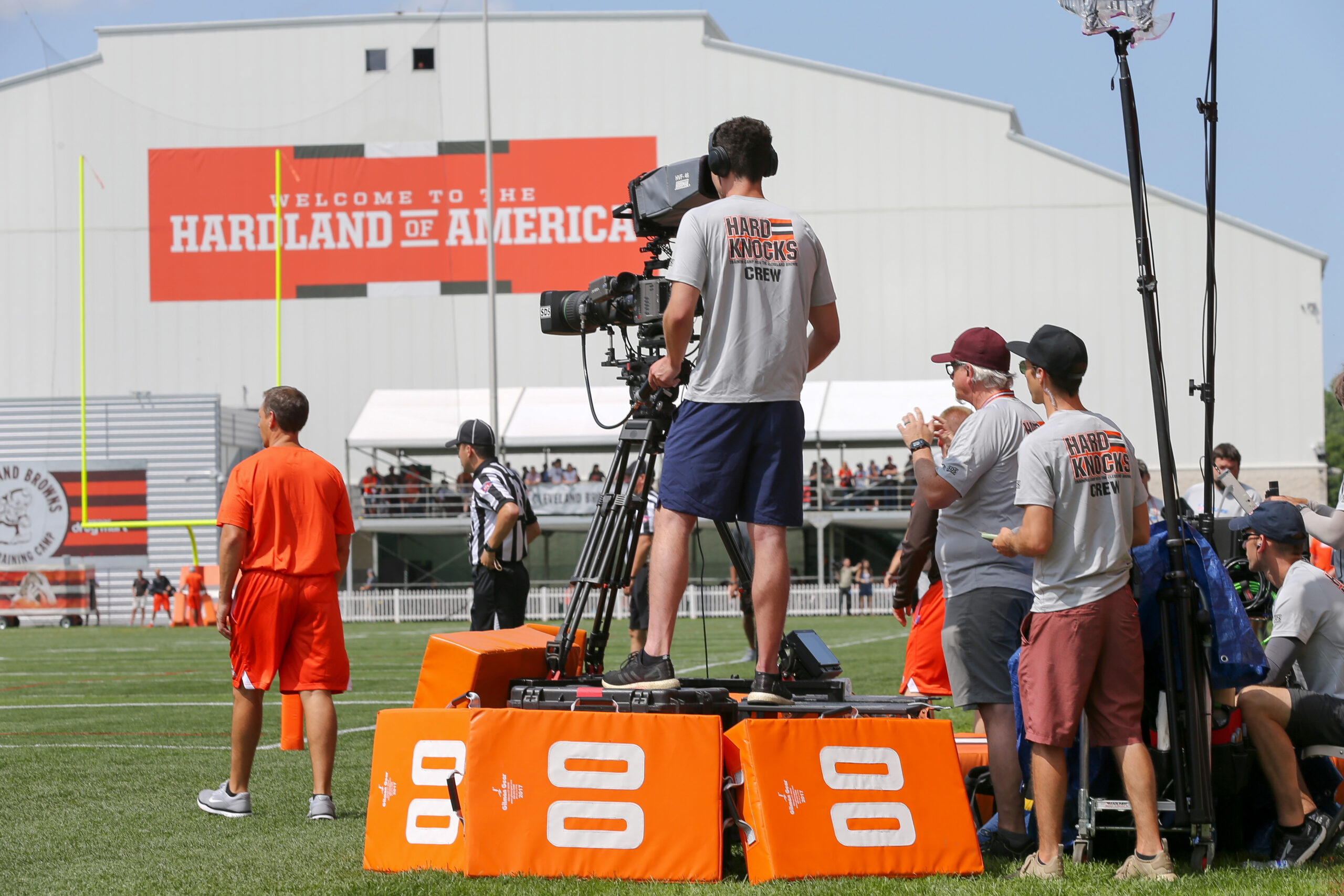 BEREA, OH - JULY 28: A film crew for the HBO show Hard Knocks films a drill during the Cleveland Browns Training Camp on July 28, 2018, at the at the Cleveland Browns Training Facility in Berea, Ohio. (Photo by Frank Jansky/Icon Sportswire via Getty Images)