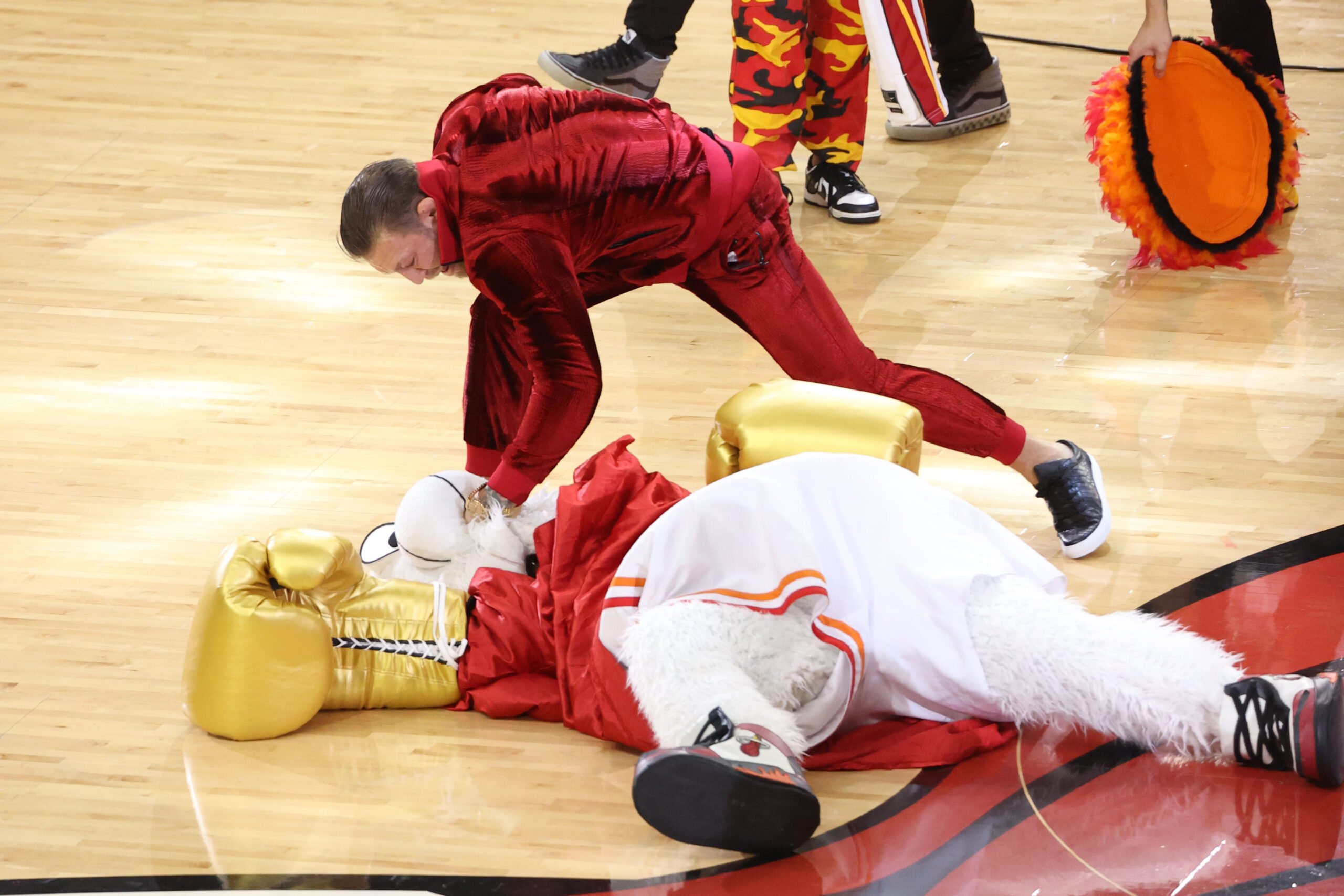 MIAMI, FL - JUNE 9: Connor McGregor and Mascot Burnie of the Miami Heat perform during halftime against the Denver Nuggets during Game Four of the 2023 NBA Finals on June 9, 2023 at Kaseya Center in Miami, Florida. NOTE TO USER: User expressly acknowledges and agrees that, by downloading and or using this Photograph, user is consenting to the terms and conditions of the Getty Images License Agreement. Mandatory Copyright Notice: Copyright 2023 NBAE (Photo by Joe Murphy/NBAE via Getty Images)